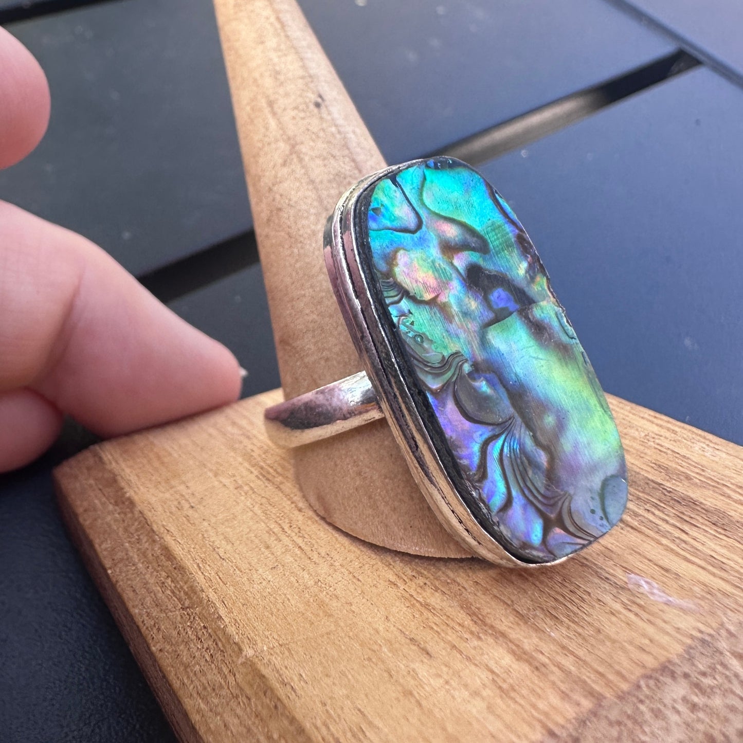 Abalone Shell Sterling Silver Plated Ring – Size 13 Statement Jewelry