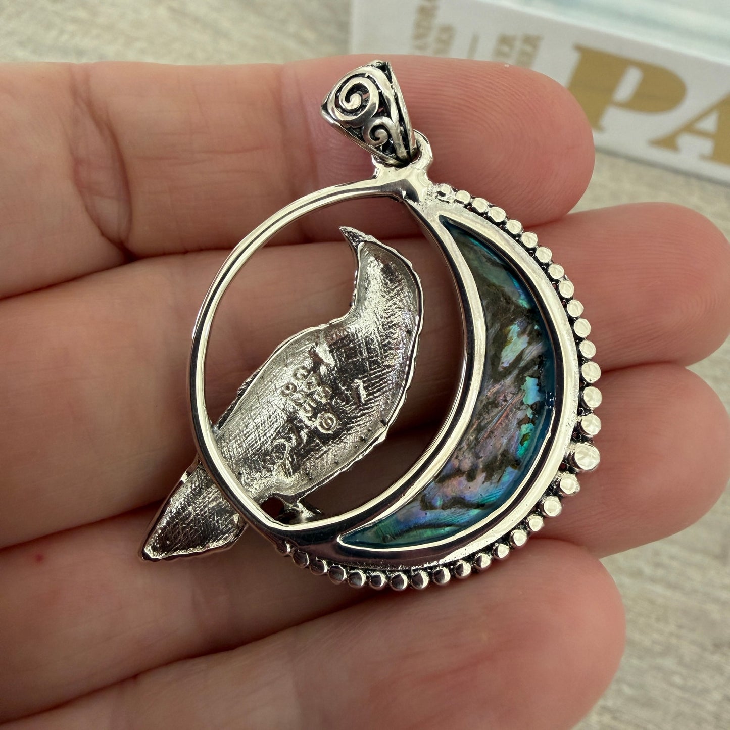 Raven in Crescent Moon Pendant 925 Sterling Silver Blue Shell Inlay