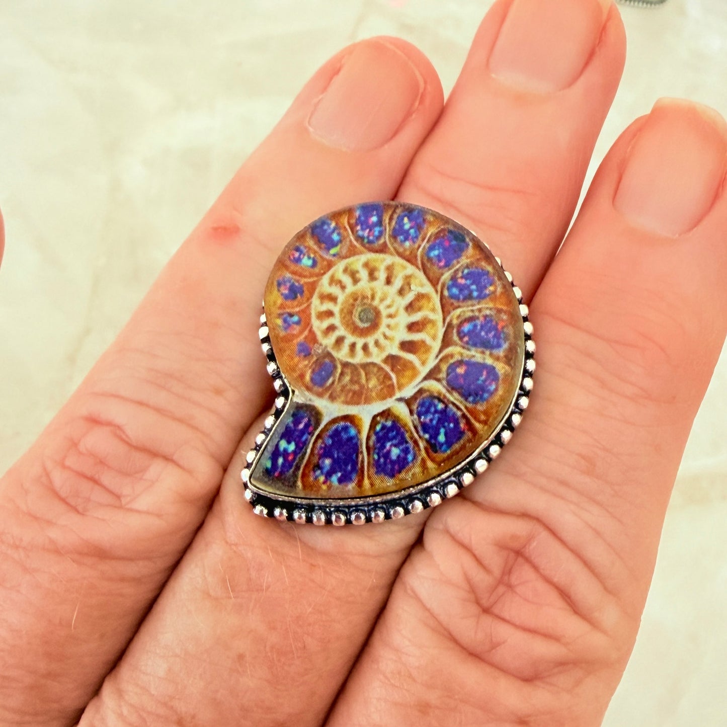 Ammonite Style Dichroic Glass Ring 925 Silver Overlay