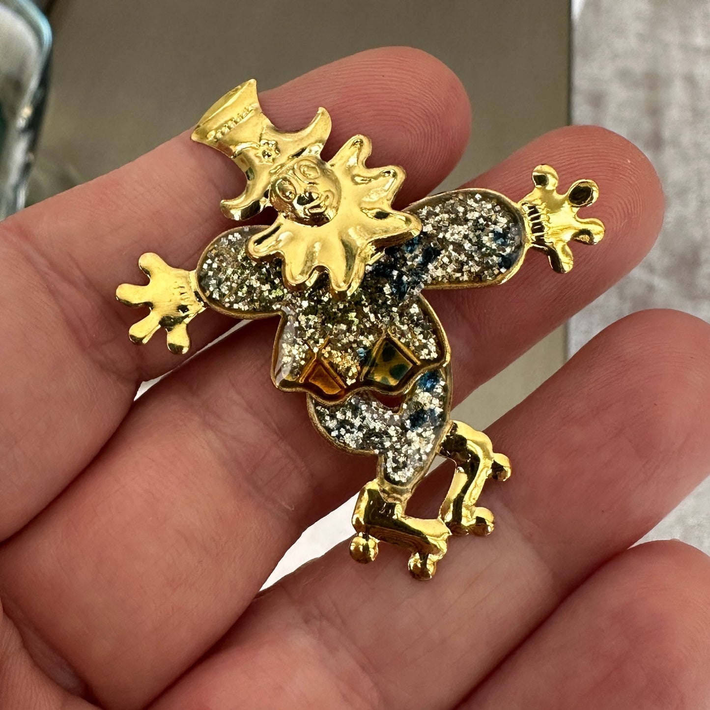 Vintage Harlequin Moveable Clown Brooch-Moveable Limbs, Enamel Glitter