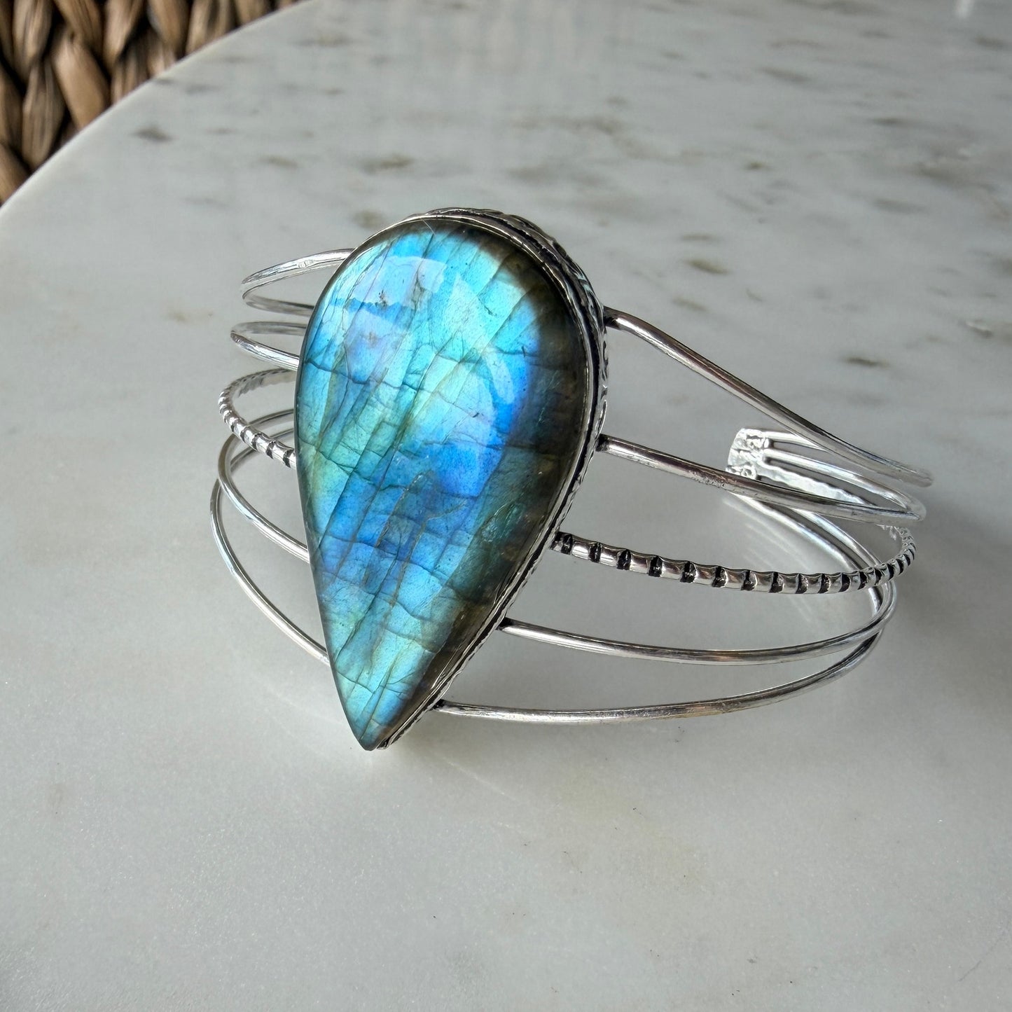 Large Labradorite Cuff Bracelet Silver Plated Blue Flash Adjustable
