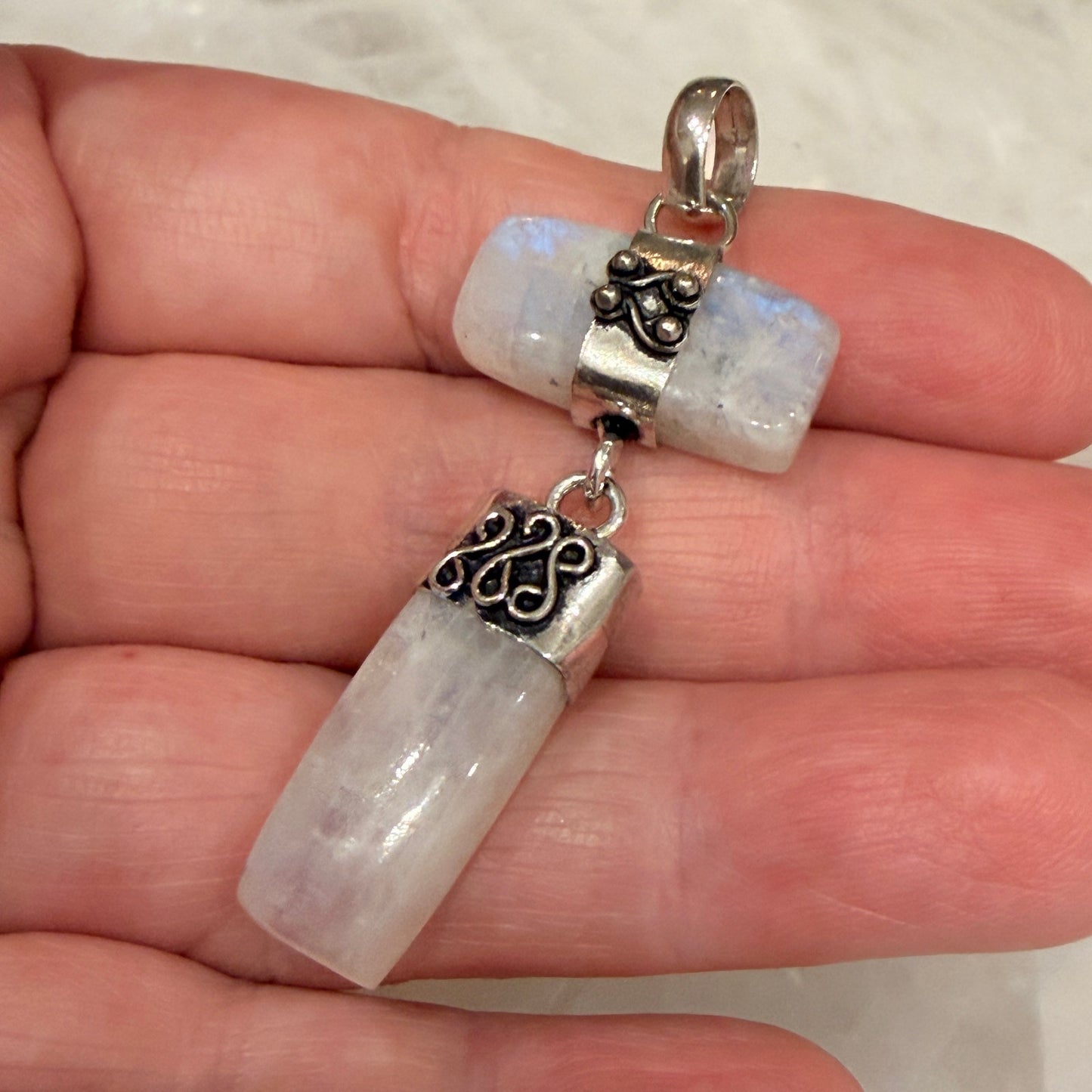 Long Drop Rainbow Moonstone 925 Silver Plated Pendant 2.5"