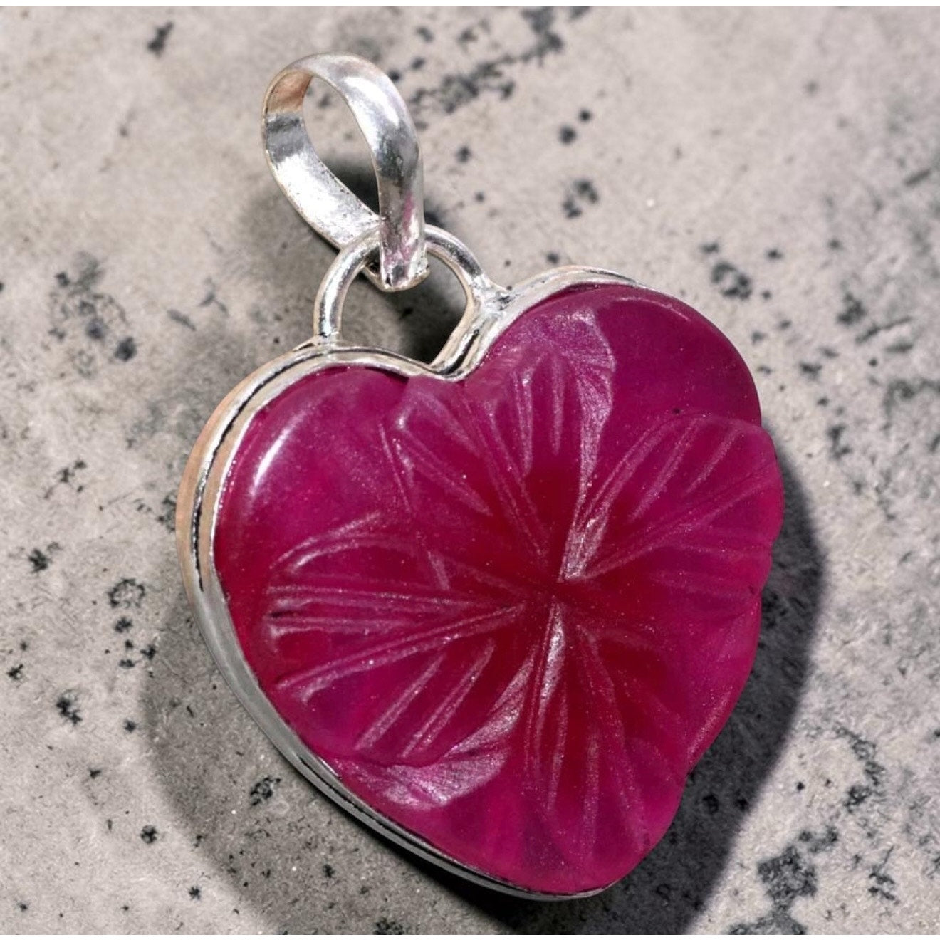 Carved Ruby Heart Clover Pendant 925 Silver Overlay