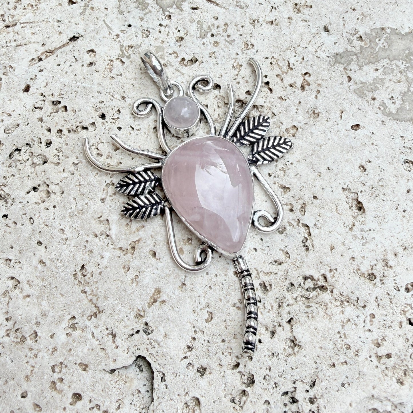 Rose Quartz Butterfly Pendant 925 Silver Overlay