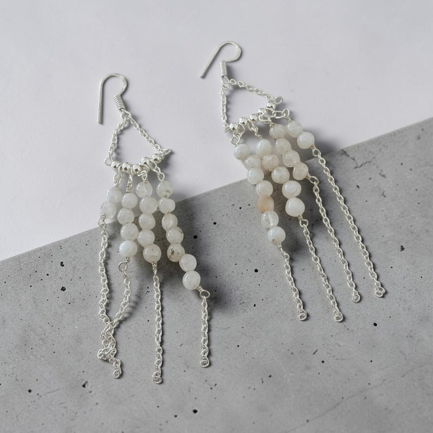 Long Beaded Rainbow Moonstone Dangle Earrings Sterling Silver Plated