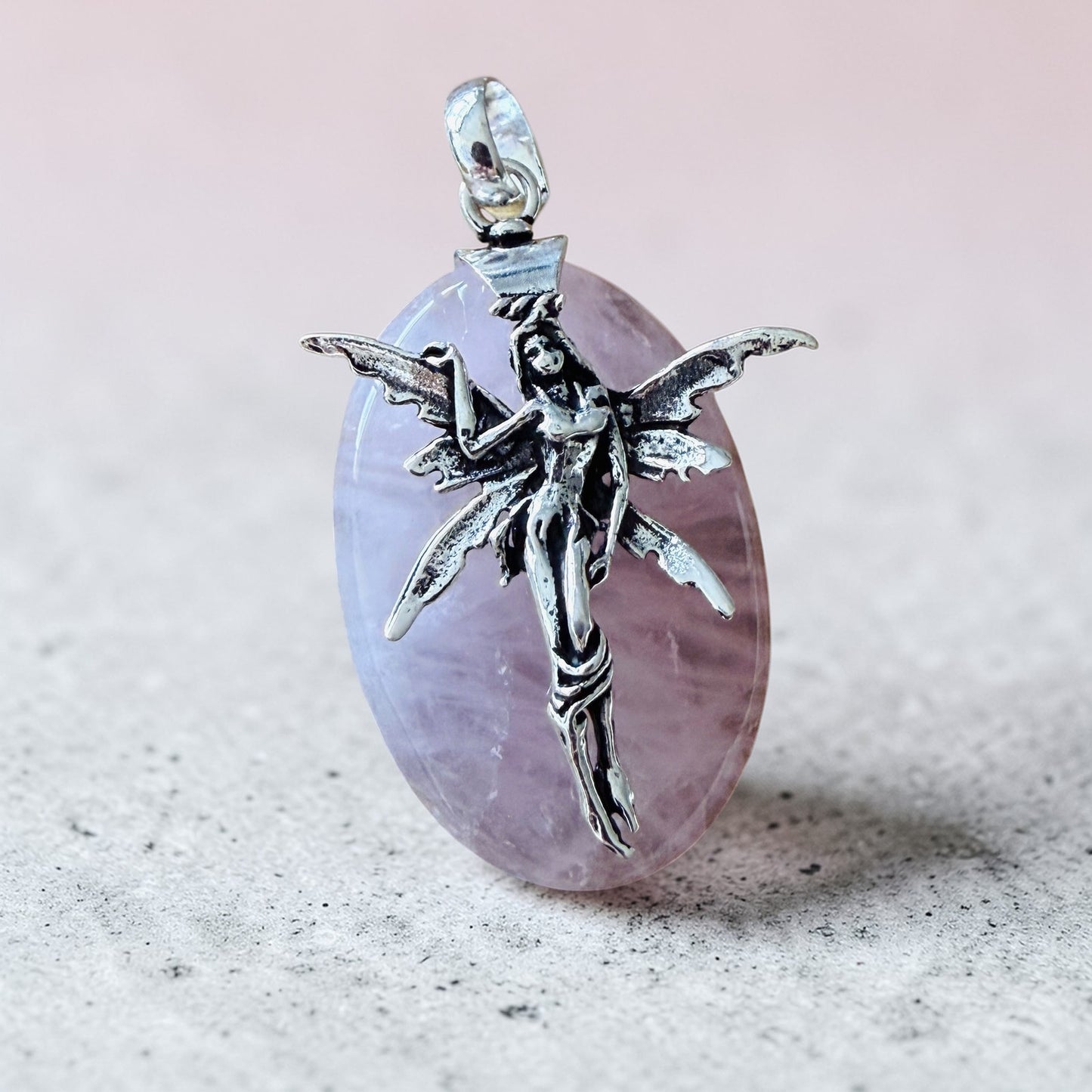 Fairy Rose Quartz Pendant Sterling Silver Overlay 2"