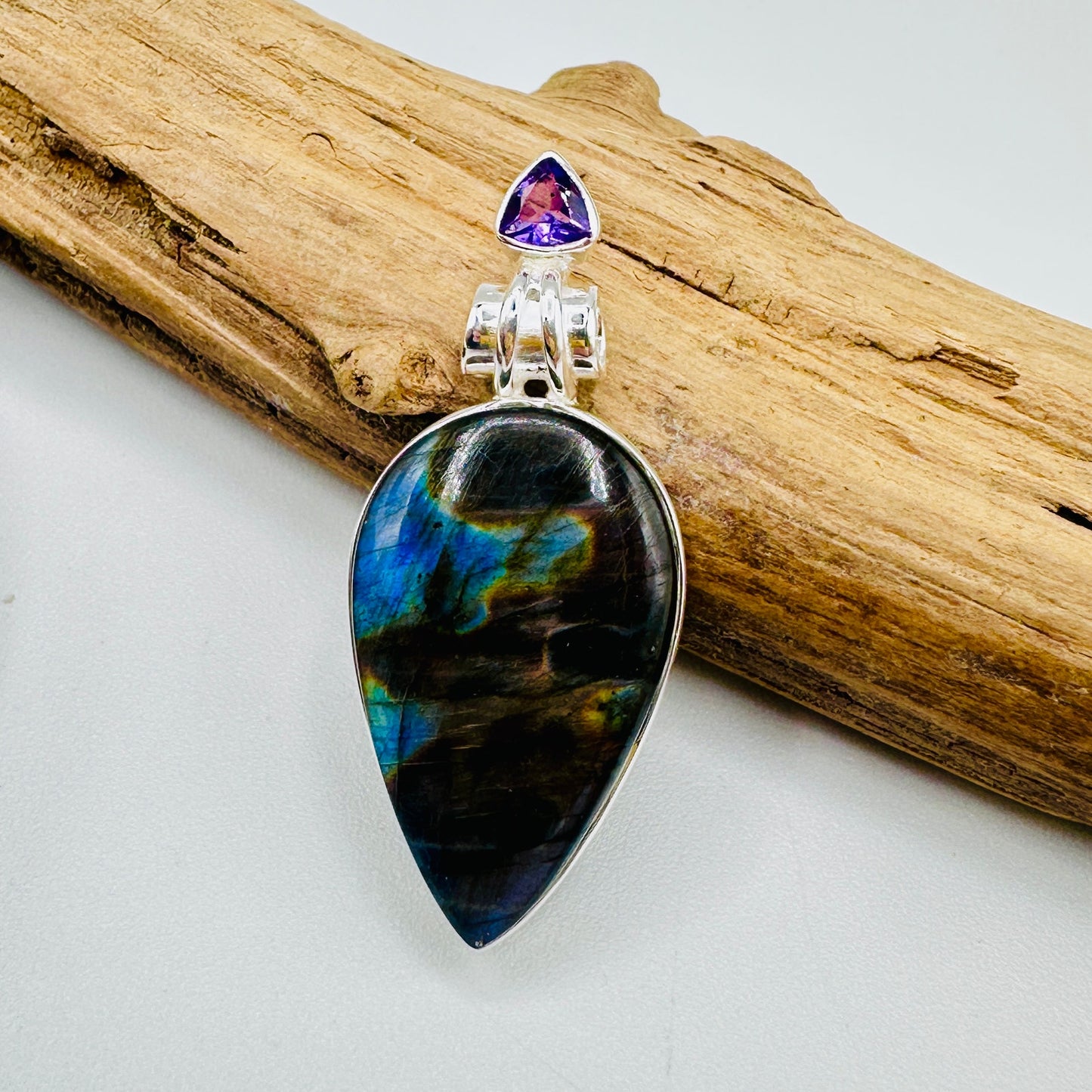 Purple Labradorite & Amethyst Pendant – Madagascar Gemstone, 925 Sterling Silver