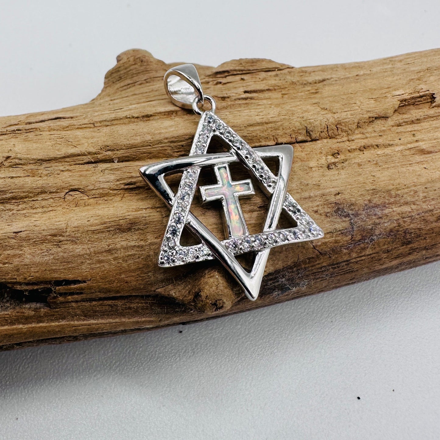 Sterling Silver Star of David Lab Opal Cross CZ Pendant