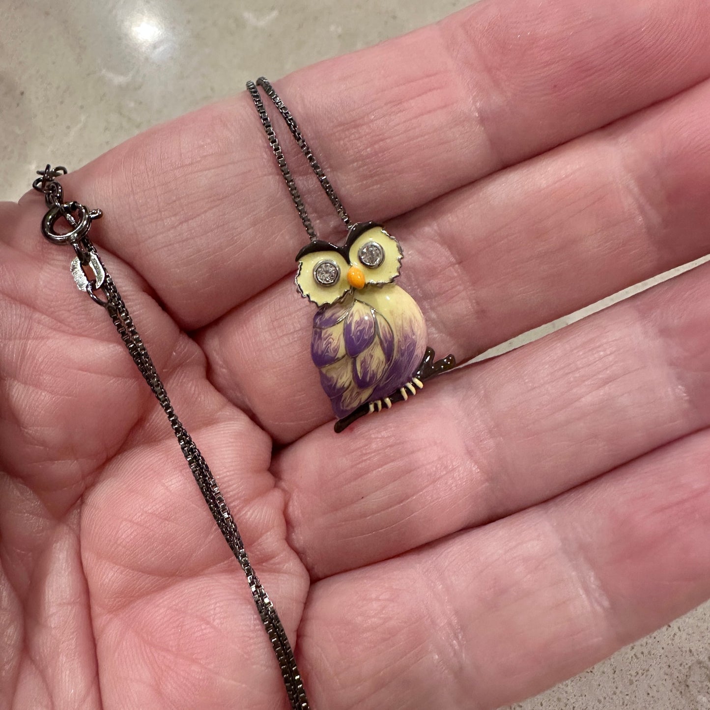Sterling Silver Hand-Painted Modish Owl with Clear CZ Pendant Necklace