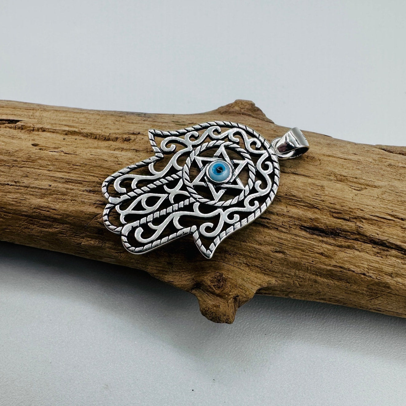 Sterling Silver Hamsa & Evil Eye Mother of Pearl Pendant