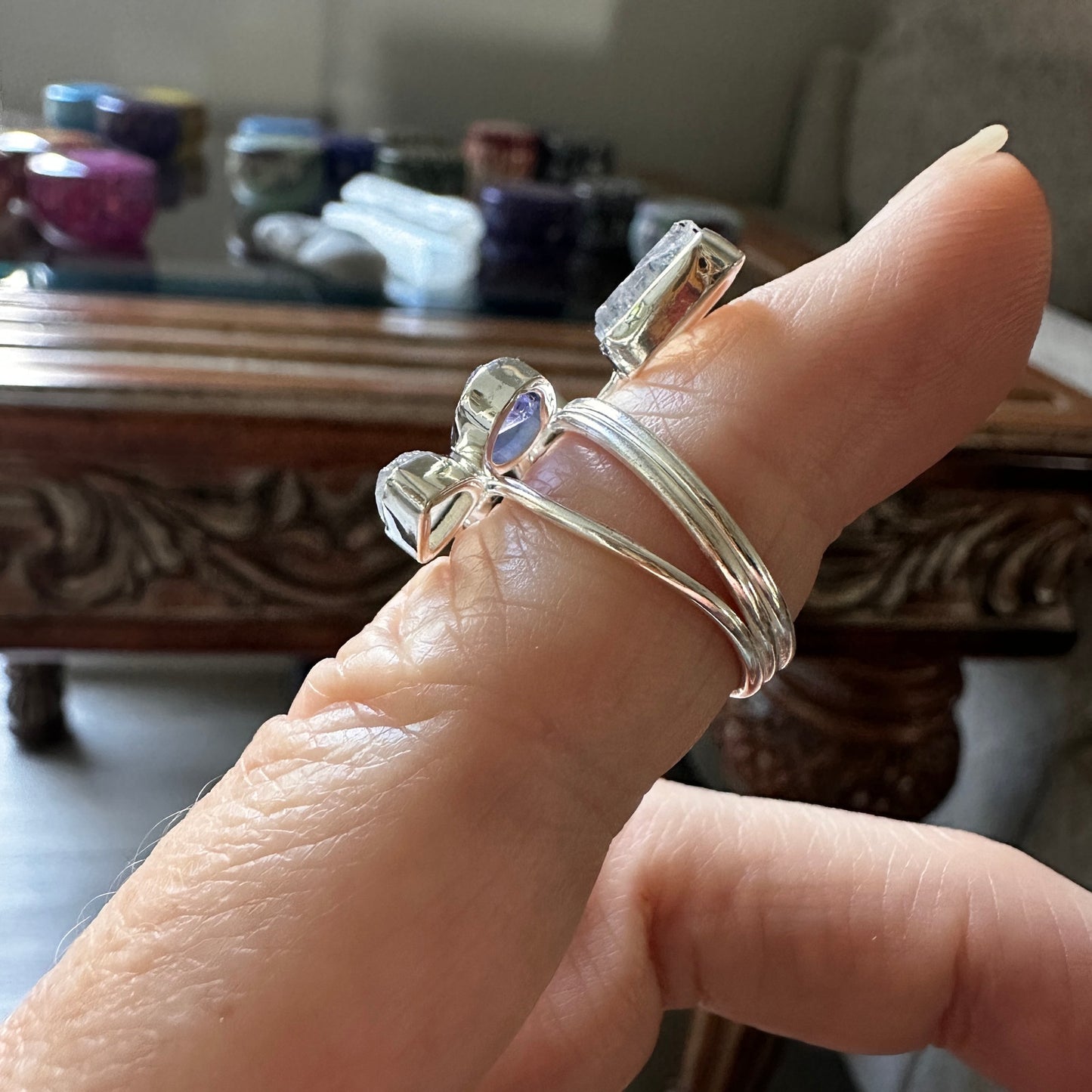 Natural Tanzanite Crystal & Moonstone Rough Sterling Silver Ring