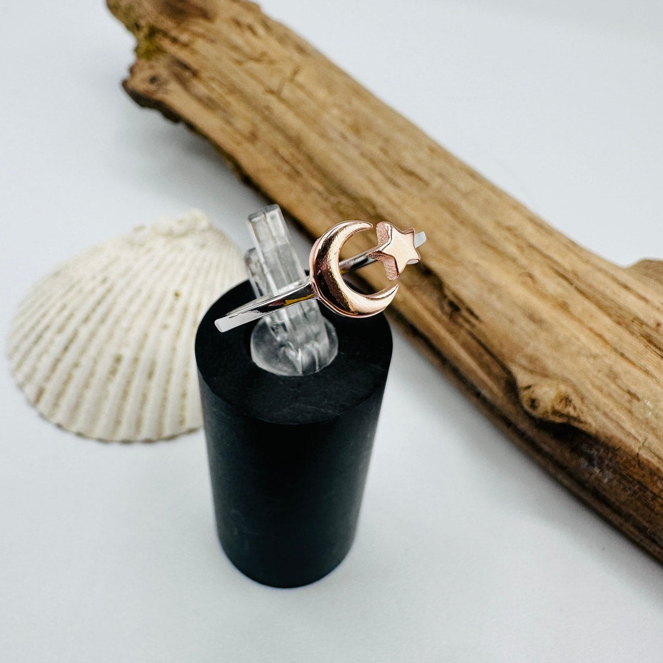 Sterling Silver Moon & Star Ring – Rose Gold & Rhodium Plated