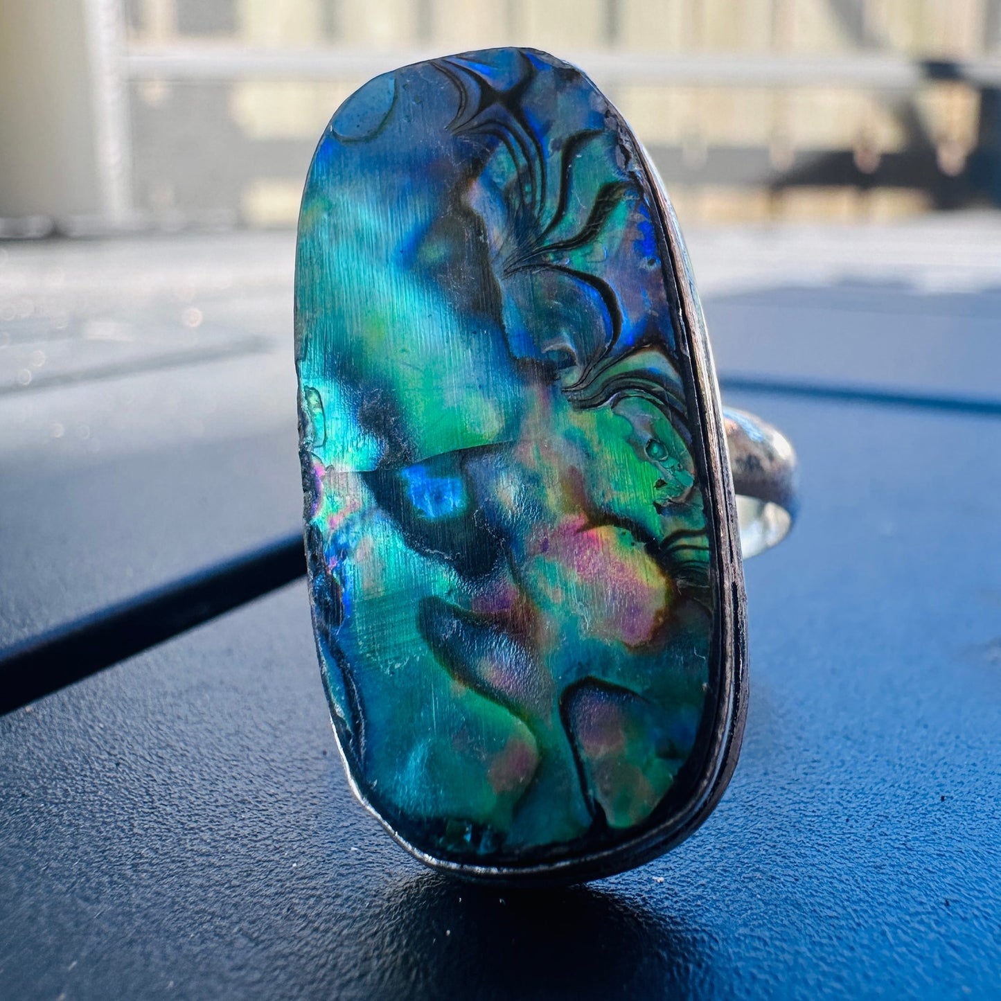 Abalone Shell Sterling Silver Plated Ring – Size 13 Statement Jewelry