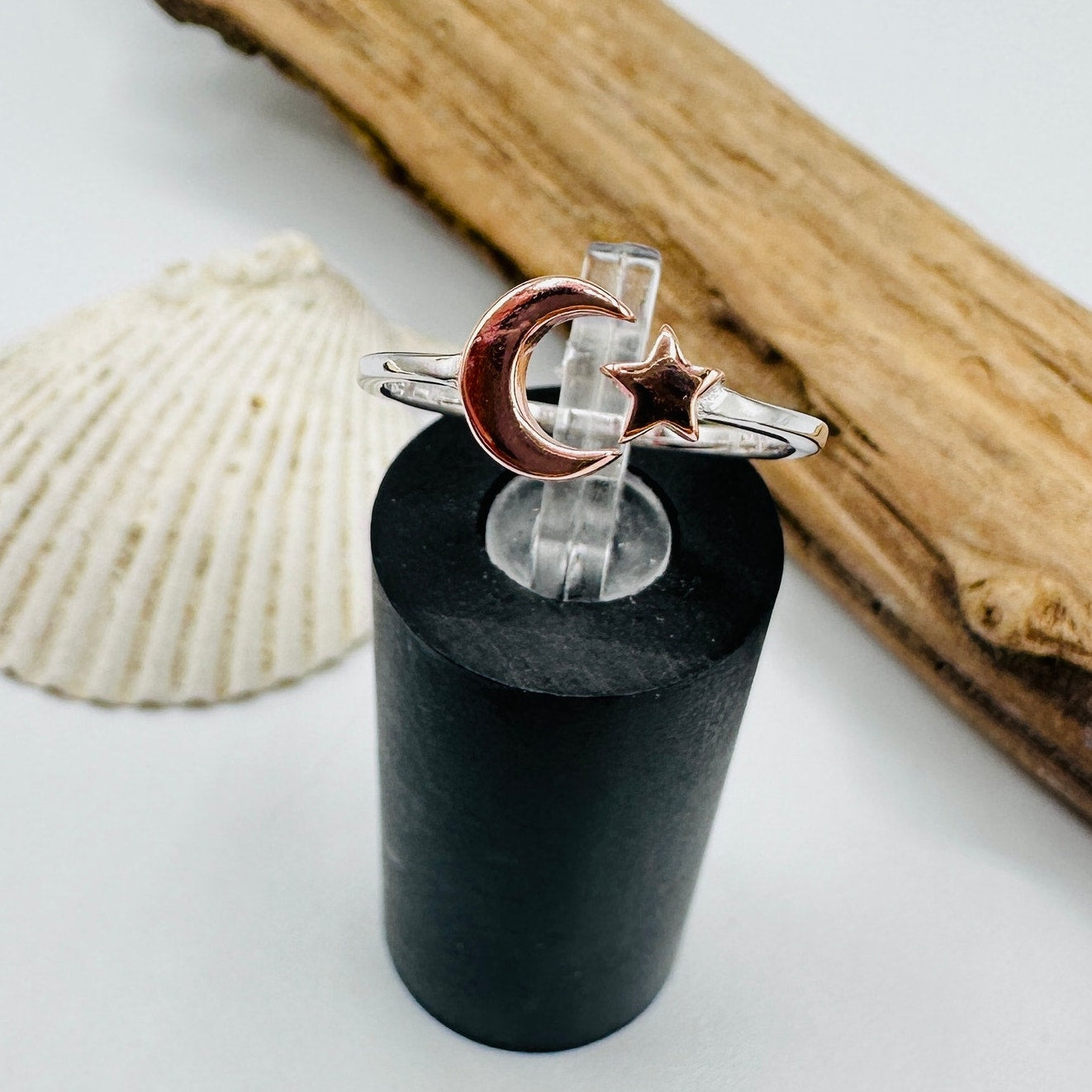 Sterling Silver Moon & Star Ring – Rose Gold & Rhodium Plated