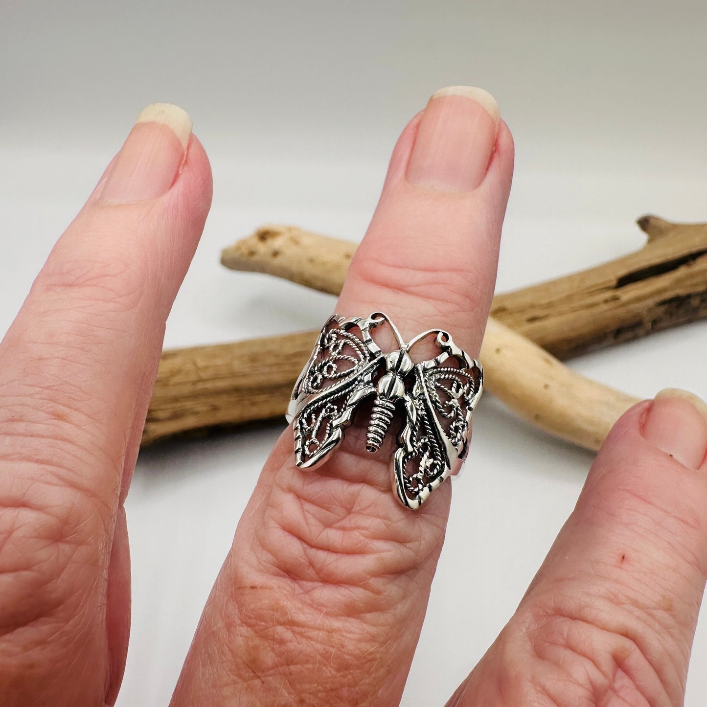 Sterling Silver Filigree Butterfly Ring-Detailed Wings-Size 8