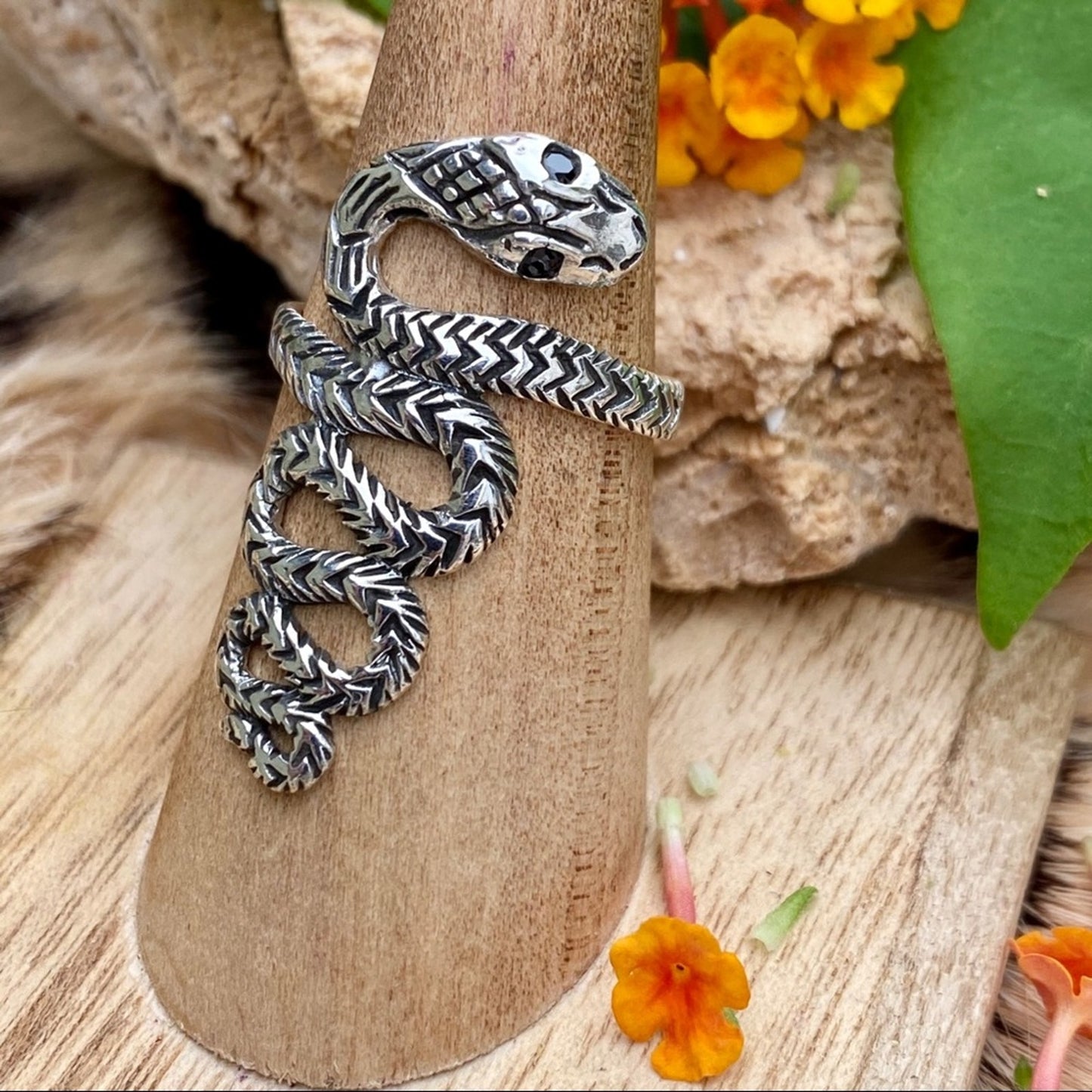 Sterling Silver Snake Cobra Ring With Black Onyx Eyes