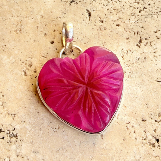 Carved Ruby Heart Clover Pendant 925 Silver Overlay