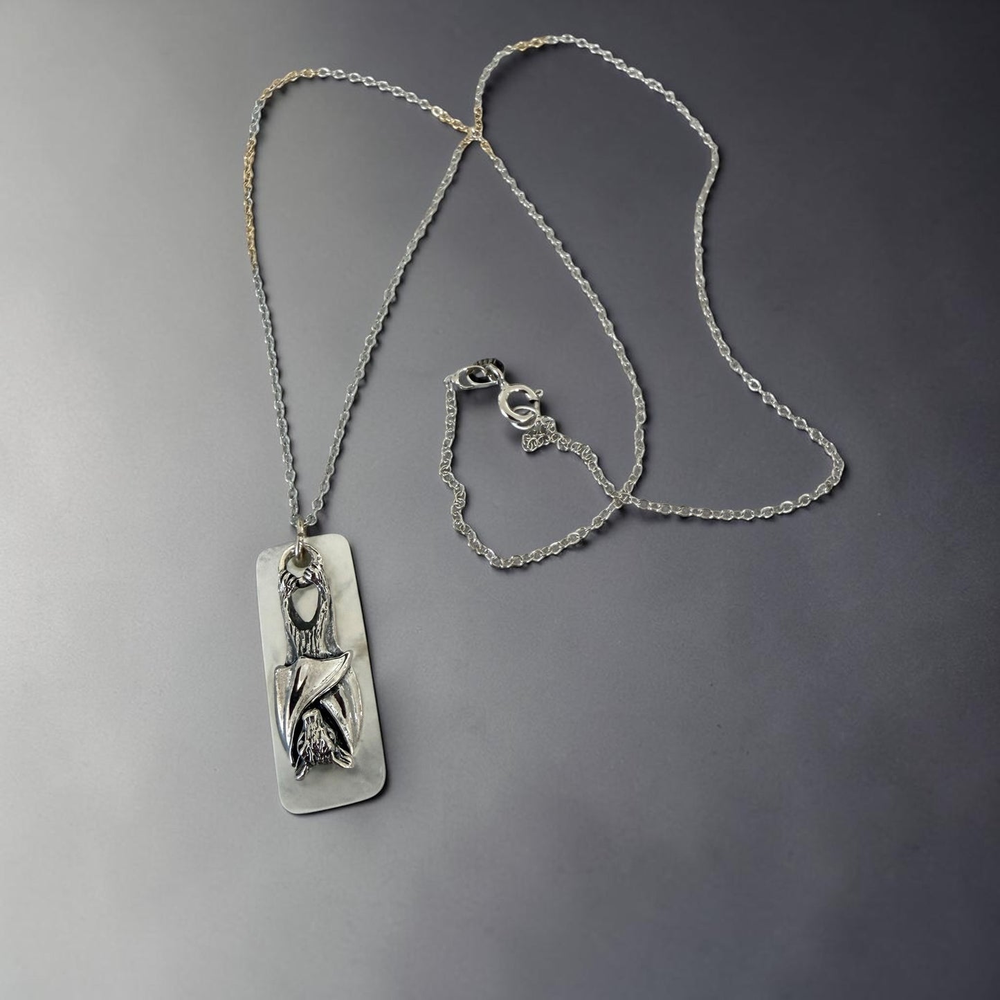 Sterling Silver Bat Pendant Mother of Pearl 18" Chain Gothic