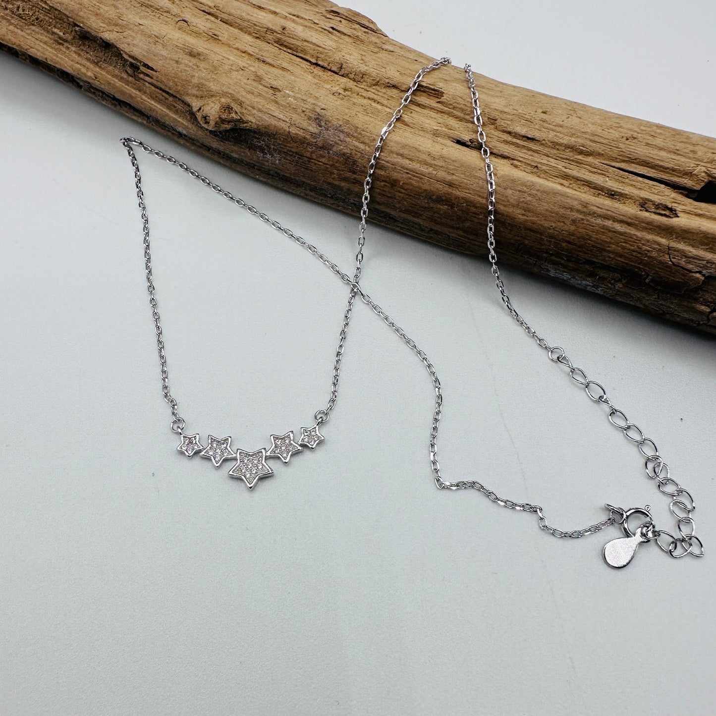 Sterling Silver Five-Star Necklace-Cubic Zirconia-Adjustable