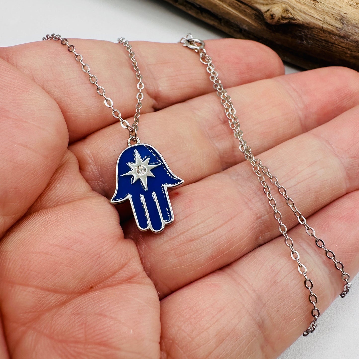 Sterling Silver Blue Enamel Hamsa Star of David Necklace