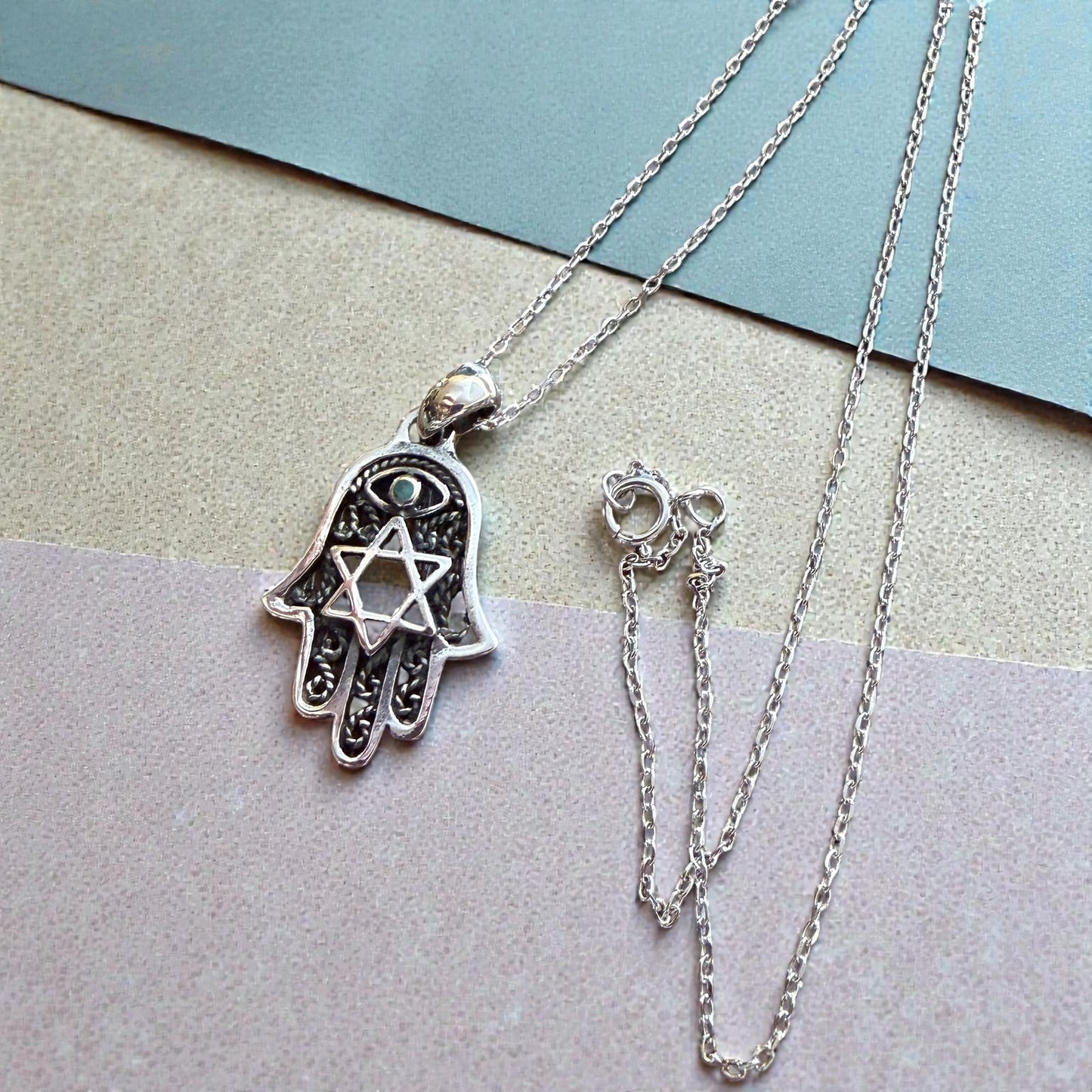 Sterling Siver Hamsa Hand Necklace Star of David Turquoise Pendant