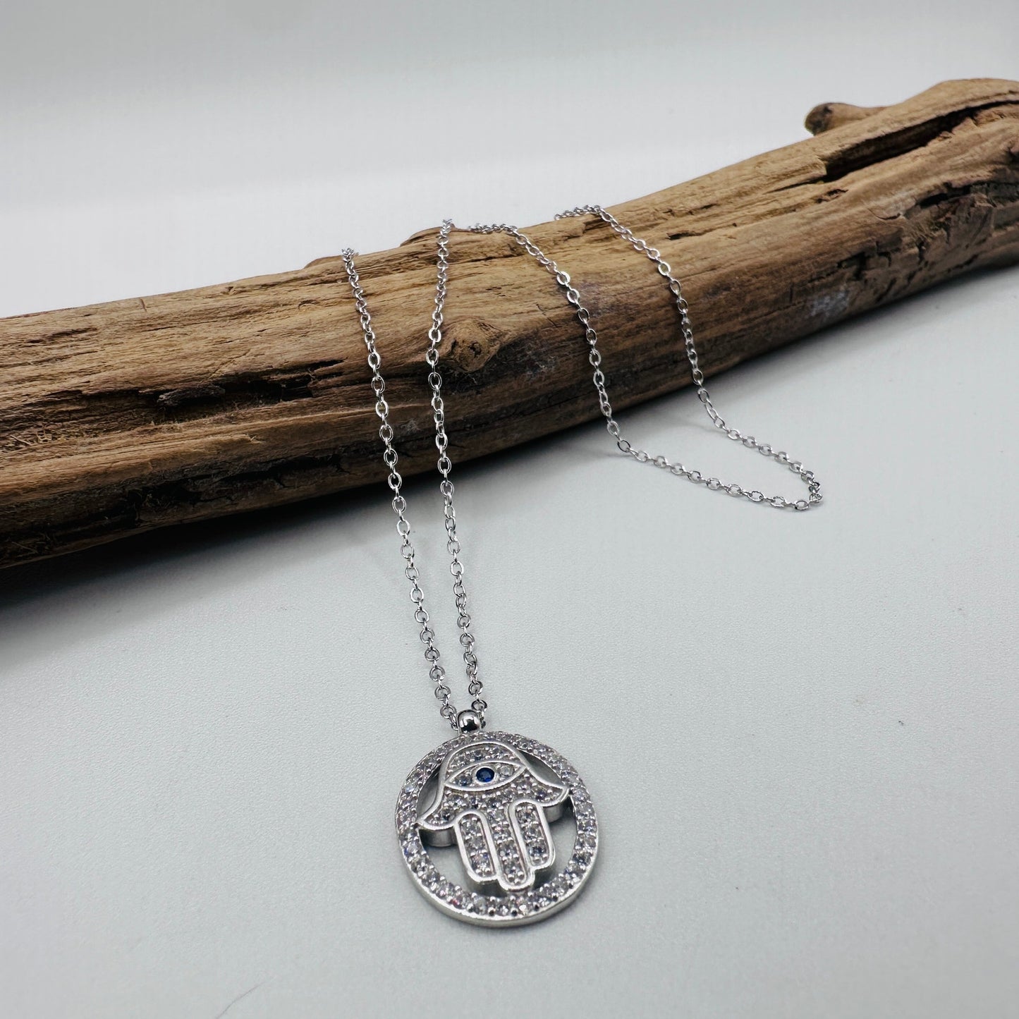 Hamsa Sterling Silver CZ Necklace-Protection Jewelry