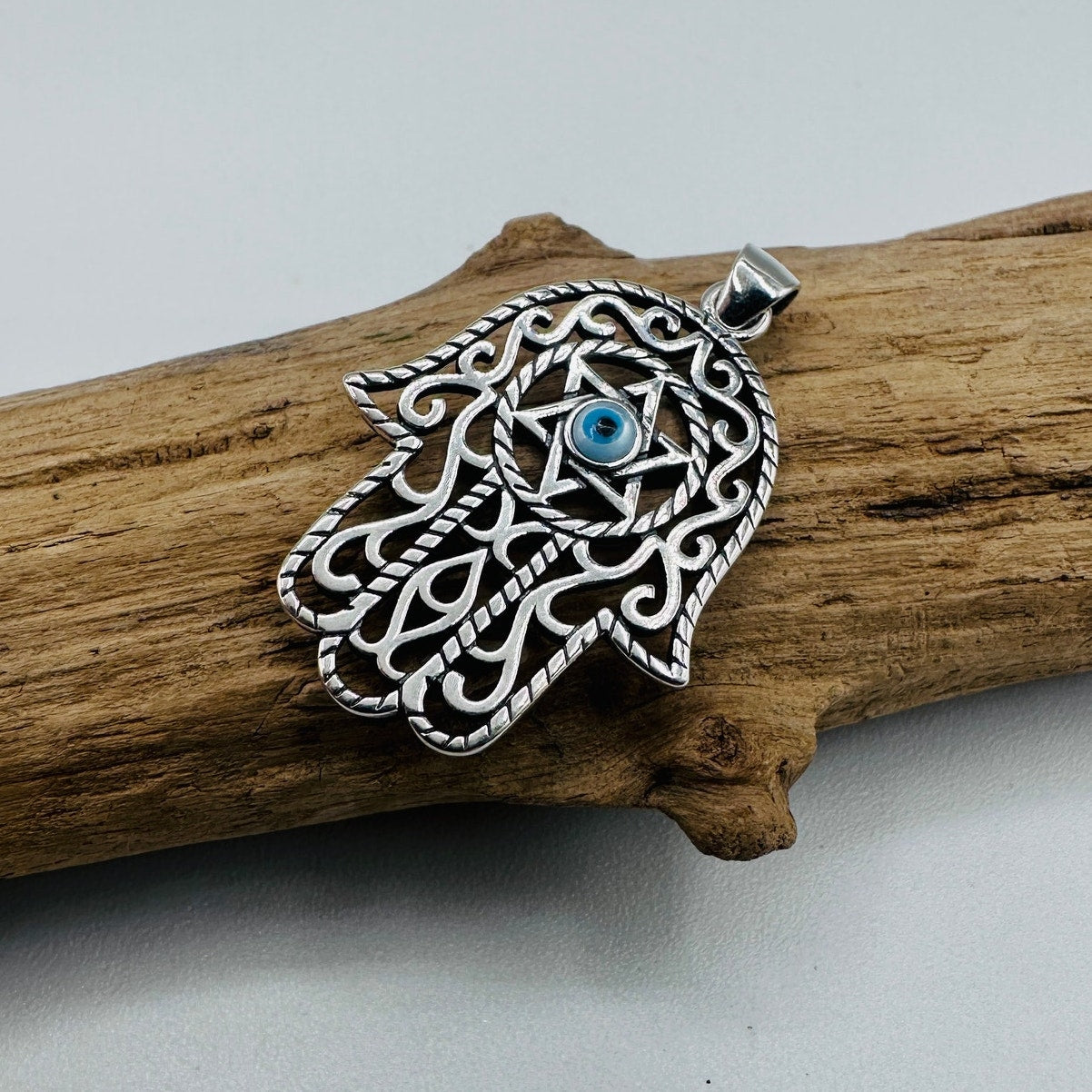 Sterling Silver Hamsa & Evil Eye Mother of Pearl Pendant