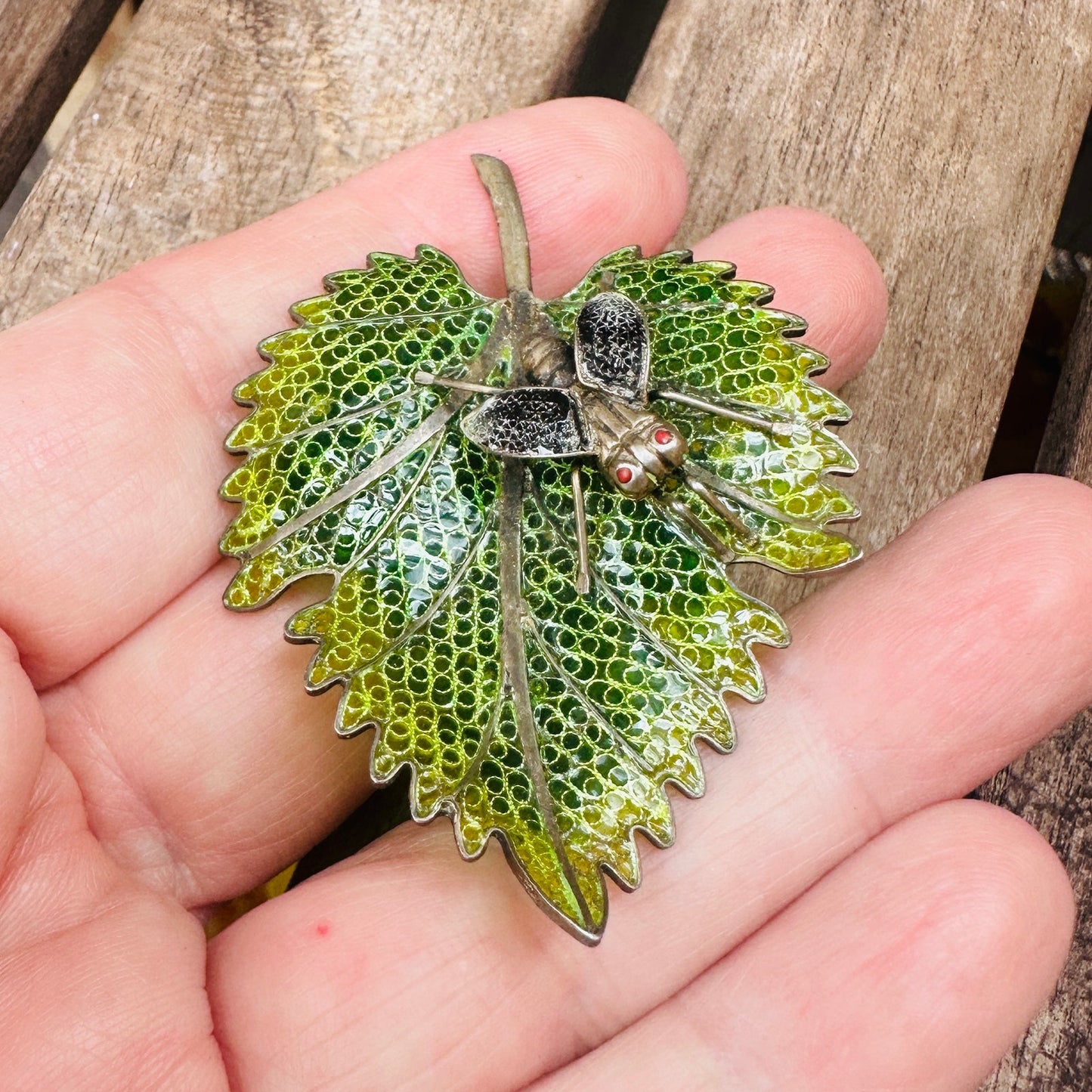 Vintage Plique a Jour Enamel 800 Silver Leaf Bug Brooch Large