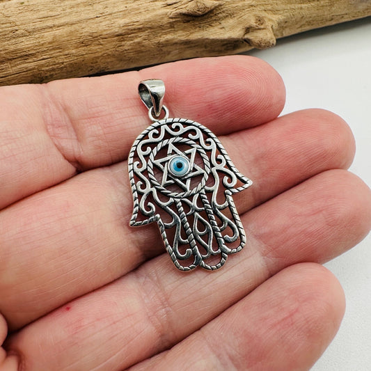 Sterling Silver Hamsa & Evil Eye Mother of Pearl Pendant