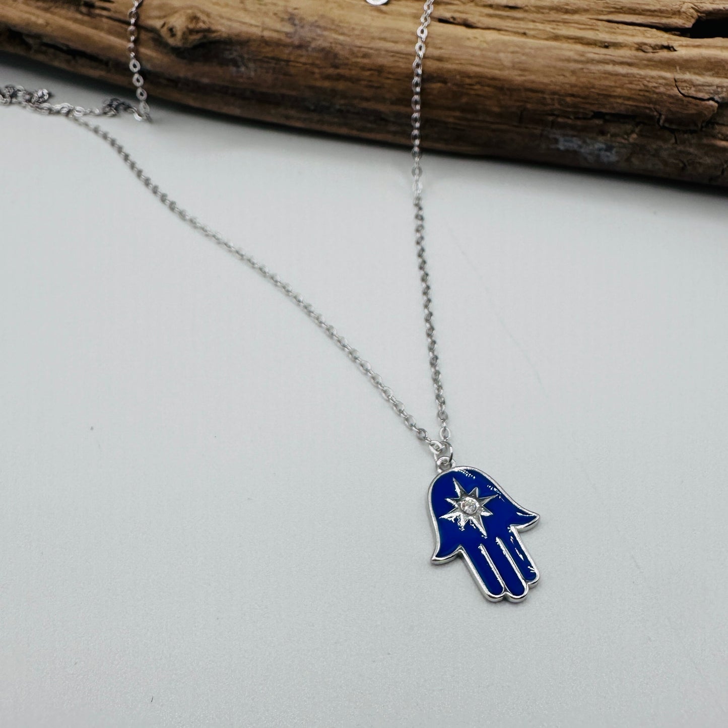 Sterling Silver Blue Enamel Hamsa Star of David Necklace