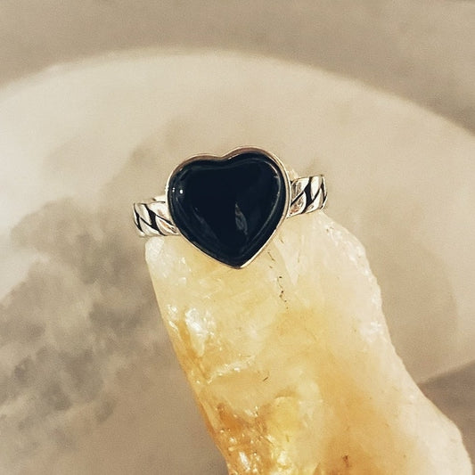 925 Sterling Silver Black Agate Heart Ring