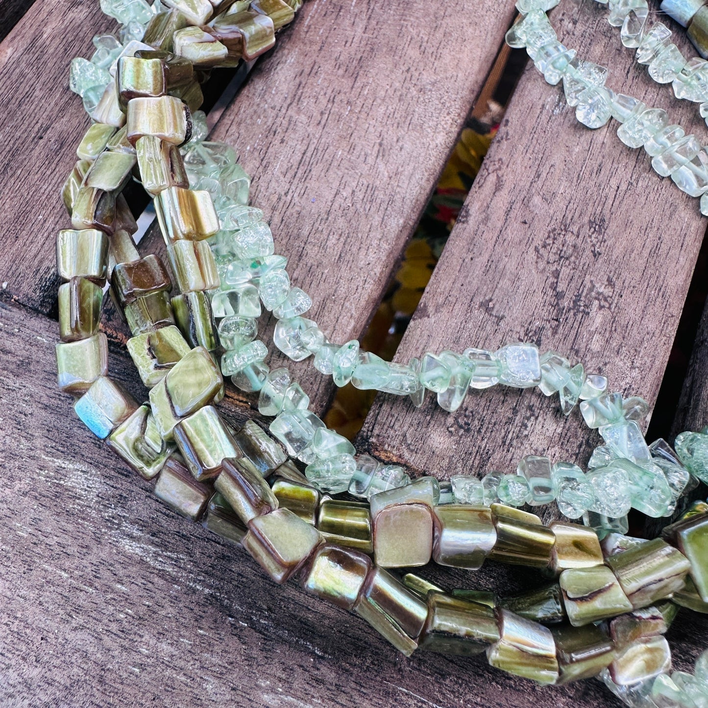 Chunky Green Gemstone & Mother of Pearl Multi-Strand Twisted Necklace
