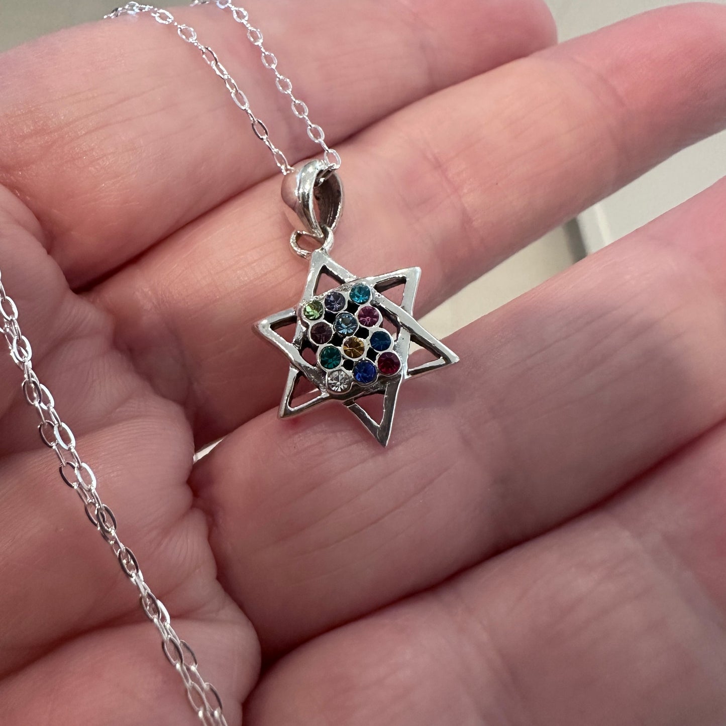 Sterling Silver Hoshen Star of David Multi-Colored CZ Necklace