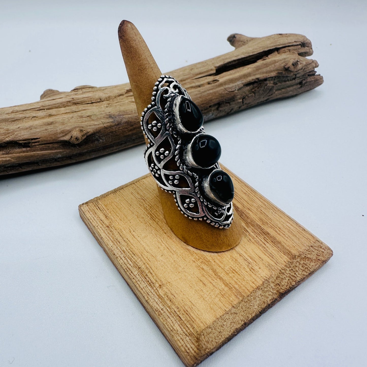 Black Onyx Sterling Silver Plated Ring – Size 7, Ornate Four-Stone Statement Design, Gemstone Ring