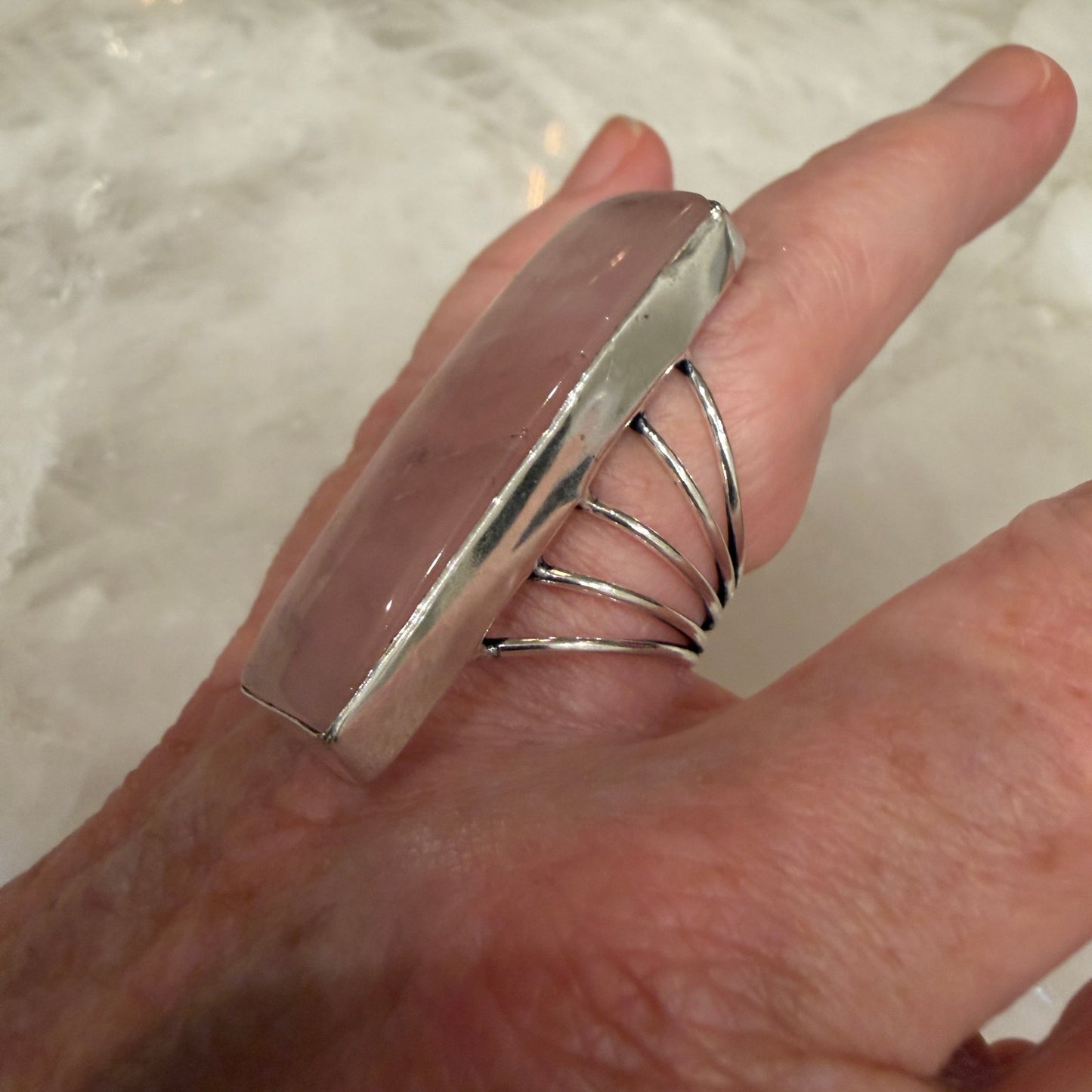 Rose Quartz Bar Ring 925 Silver Plated Statement Size 7