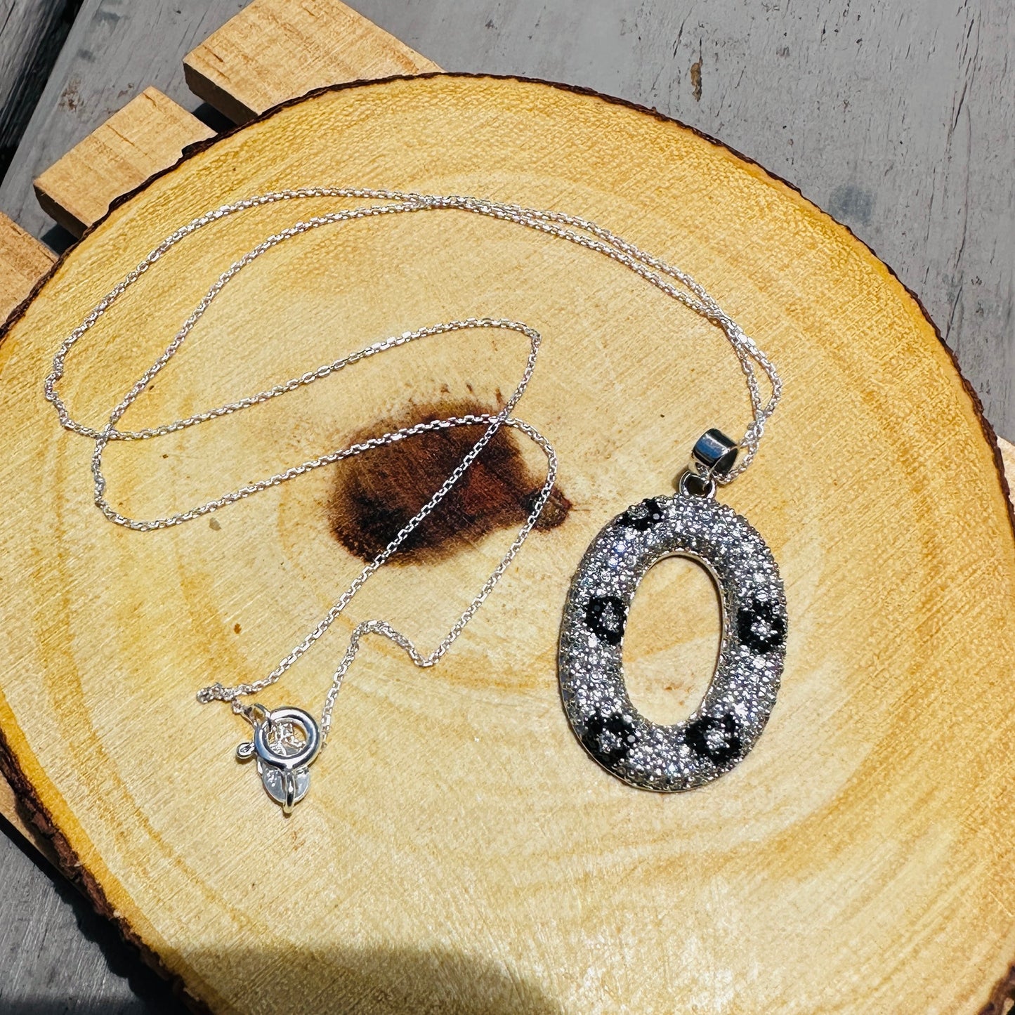 Sterling Silver Micro Pave CZ Oval Pendant Necklace-Black & White Sparkle