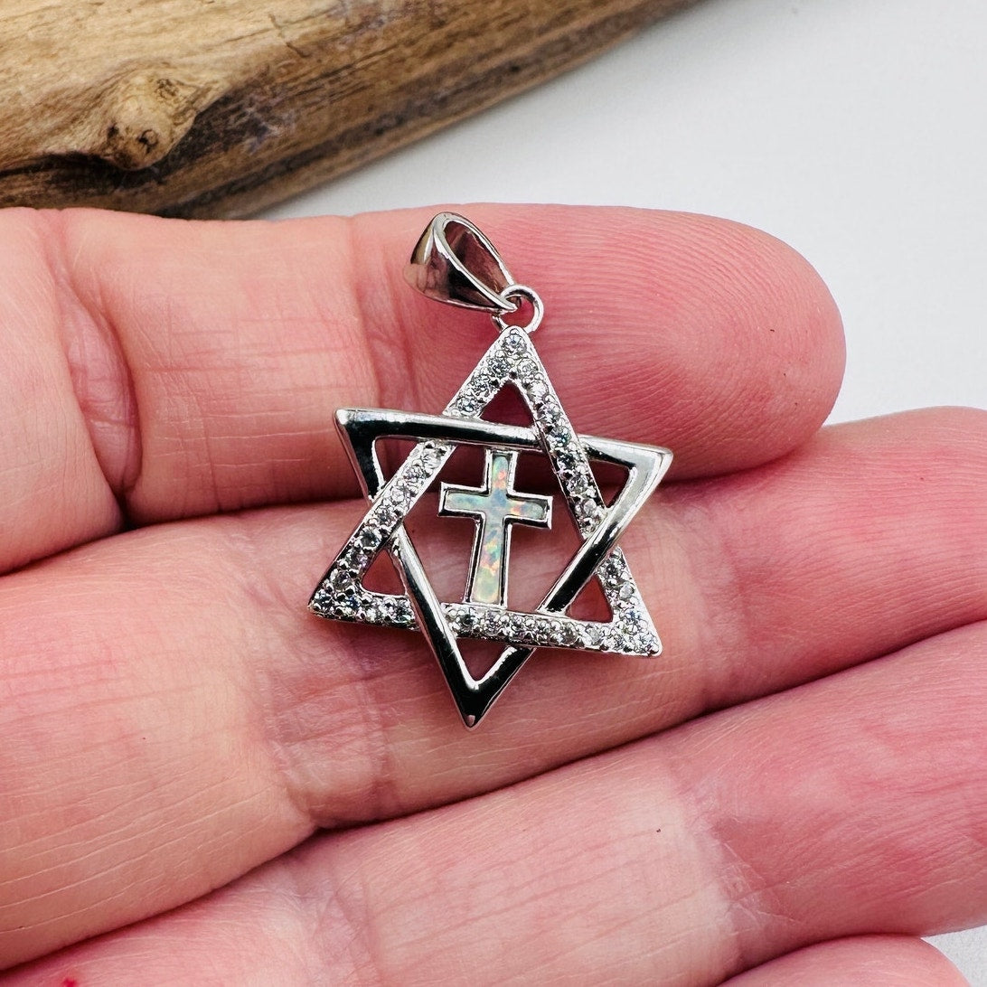 Sterling Silver Star of David Lab Opal Cross CZ Pendant