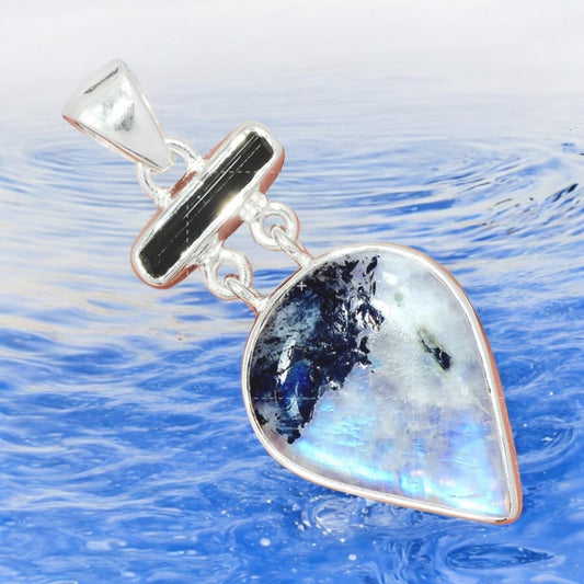 Natural Black Tourmaline In Rainbow Moonstone Sterling Silver Pendant