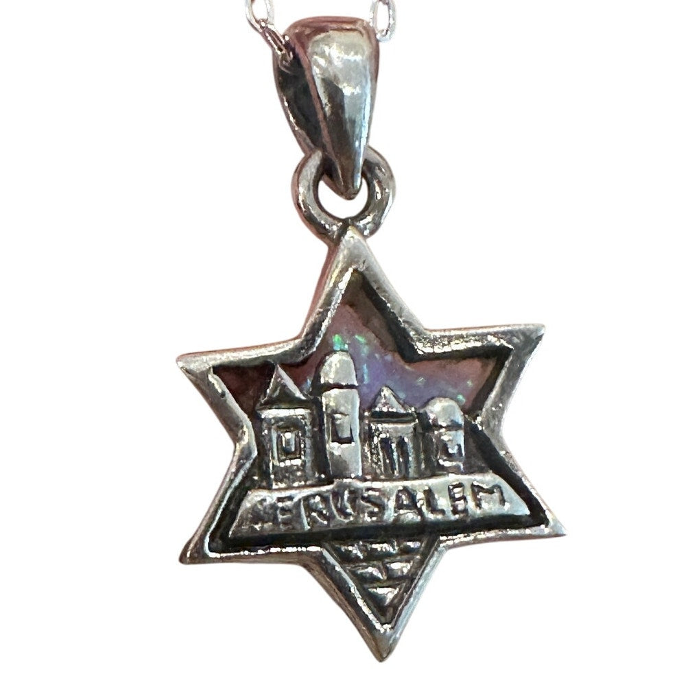 Sterling Silver Lab Opal Pendant Star of David Jerusalem Necklace