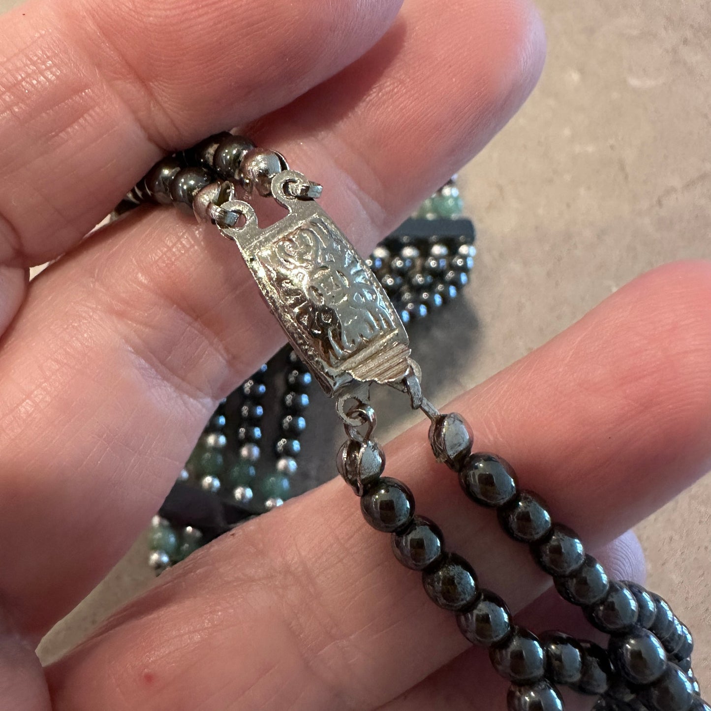 Vintage Hematite & Green Beaded Statement Necklace