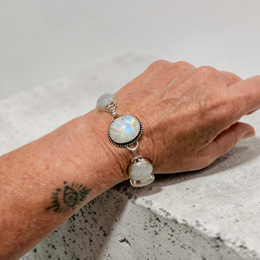 Rainbow Moonstone Sterling Silver Plated Toggle Bracelet