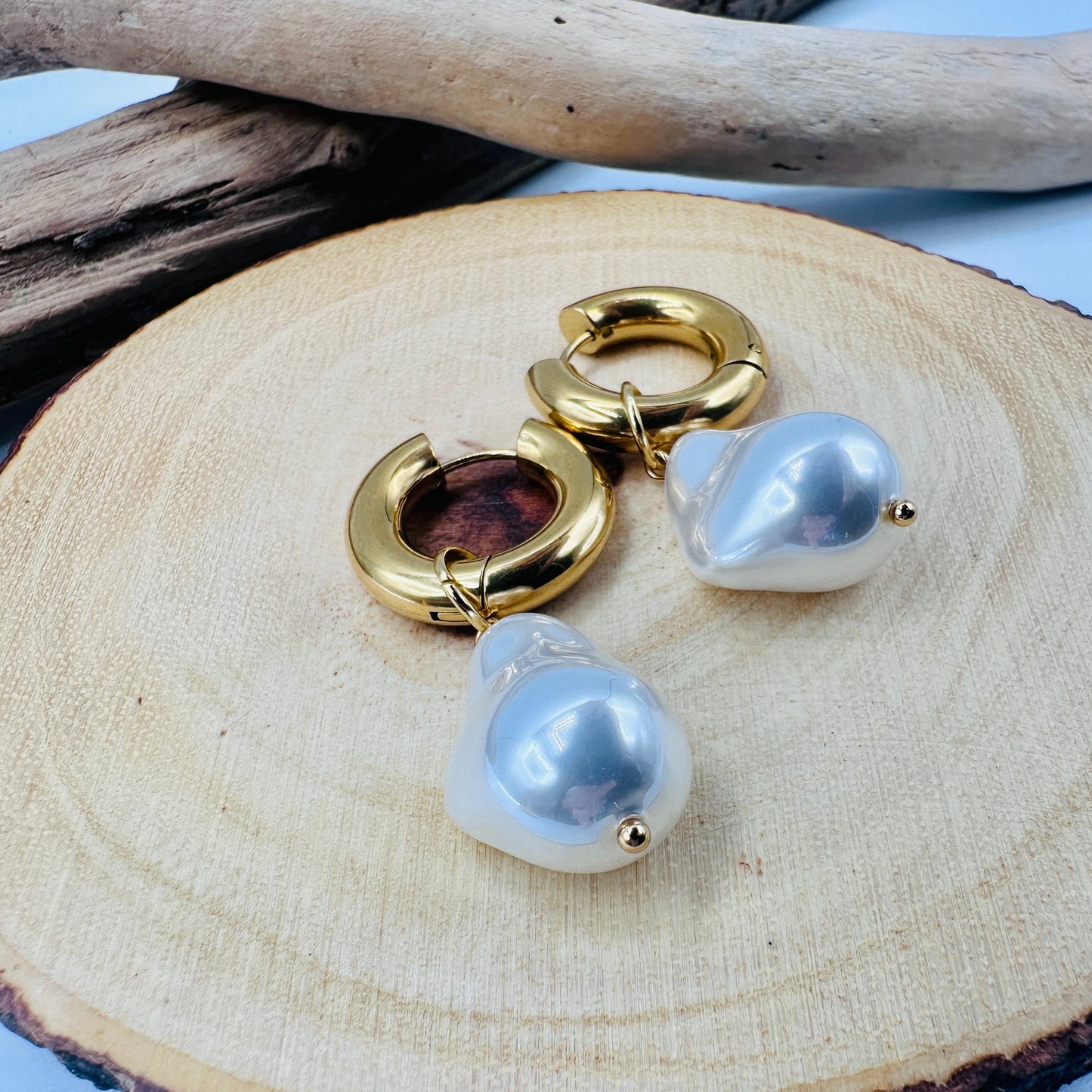 Baroque Pearl Gold Hoop Huggie Earrings 18K Stainless Steel