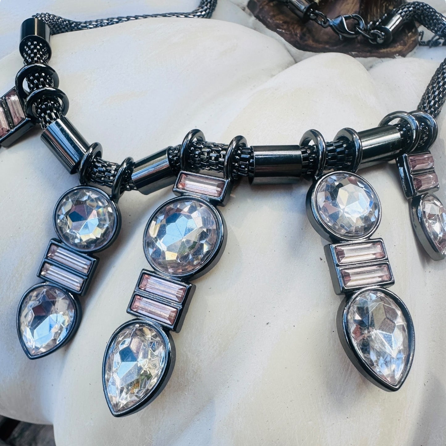 Baublebar Gunmetal Mesh Statement Necklace with Clear Rhinestones