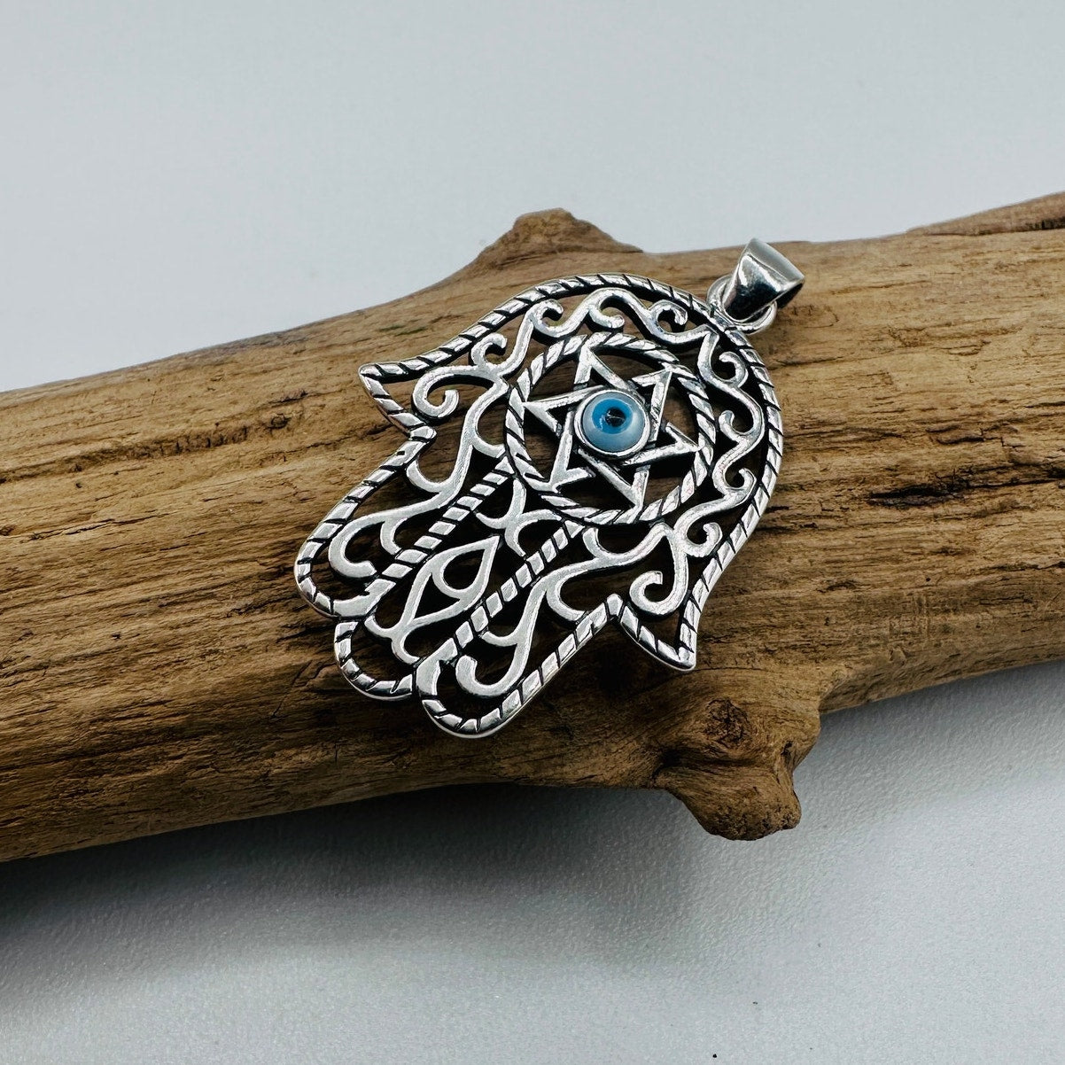 Sterling Silver Hamsa & Evil Eye Mother of Pearl Pendant
