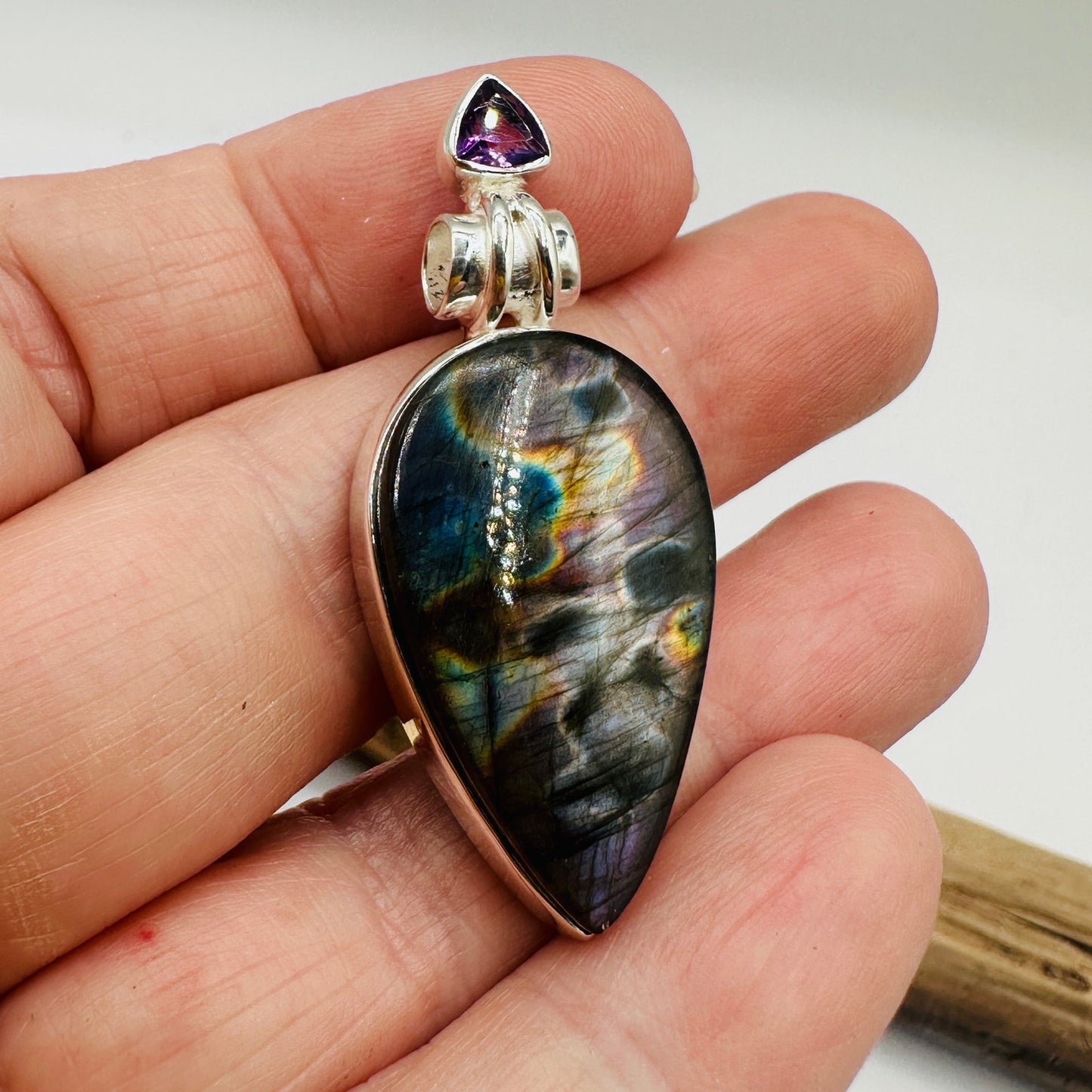 Purple Labradorite & Amethyst Pendant – Madagascar Gemstone, 925 Sterling Silver