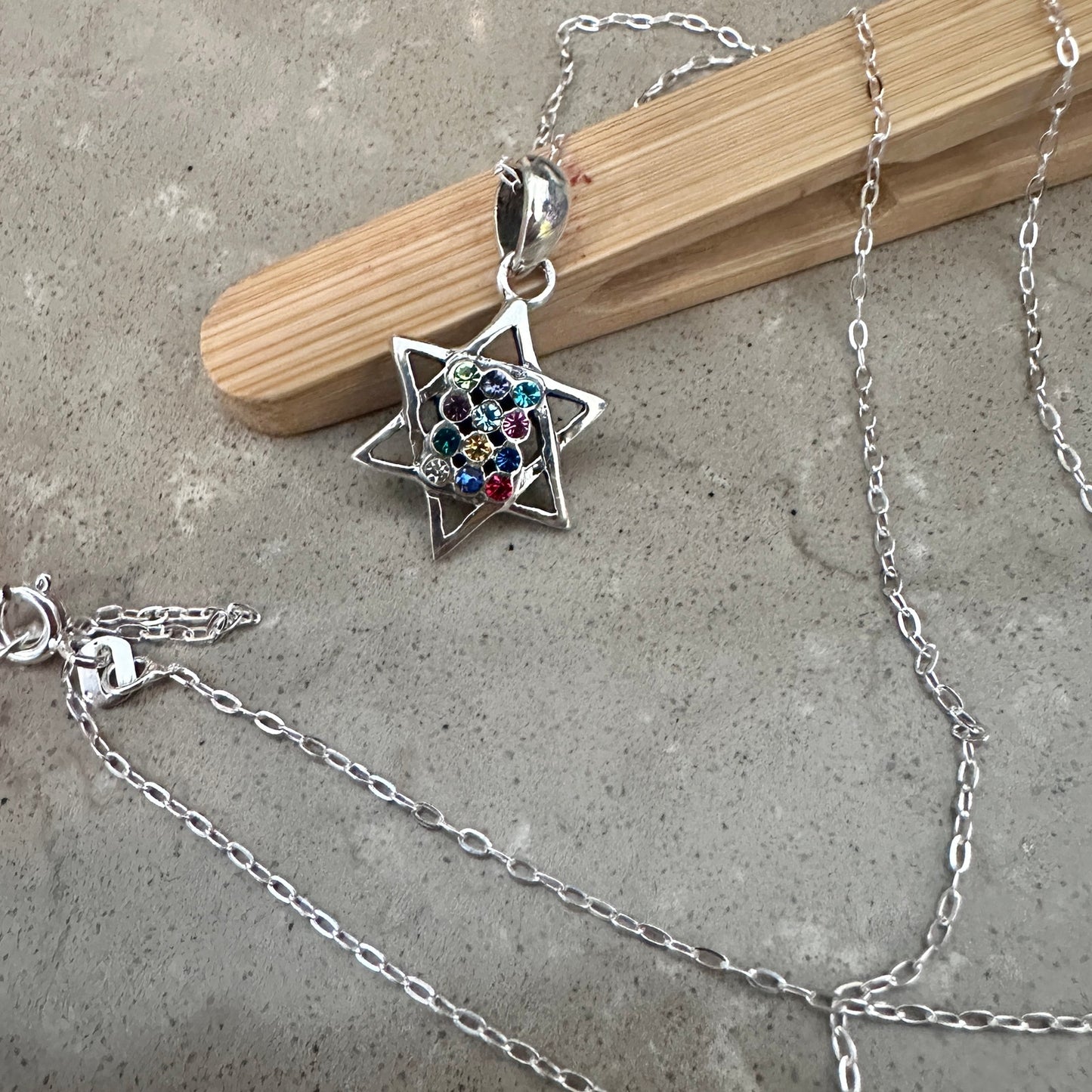 Sterling Silver Hoshen Star of David Multi-Colored CZ Necklace