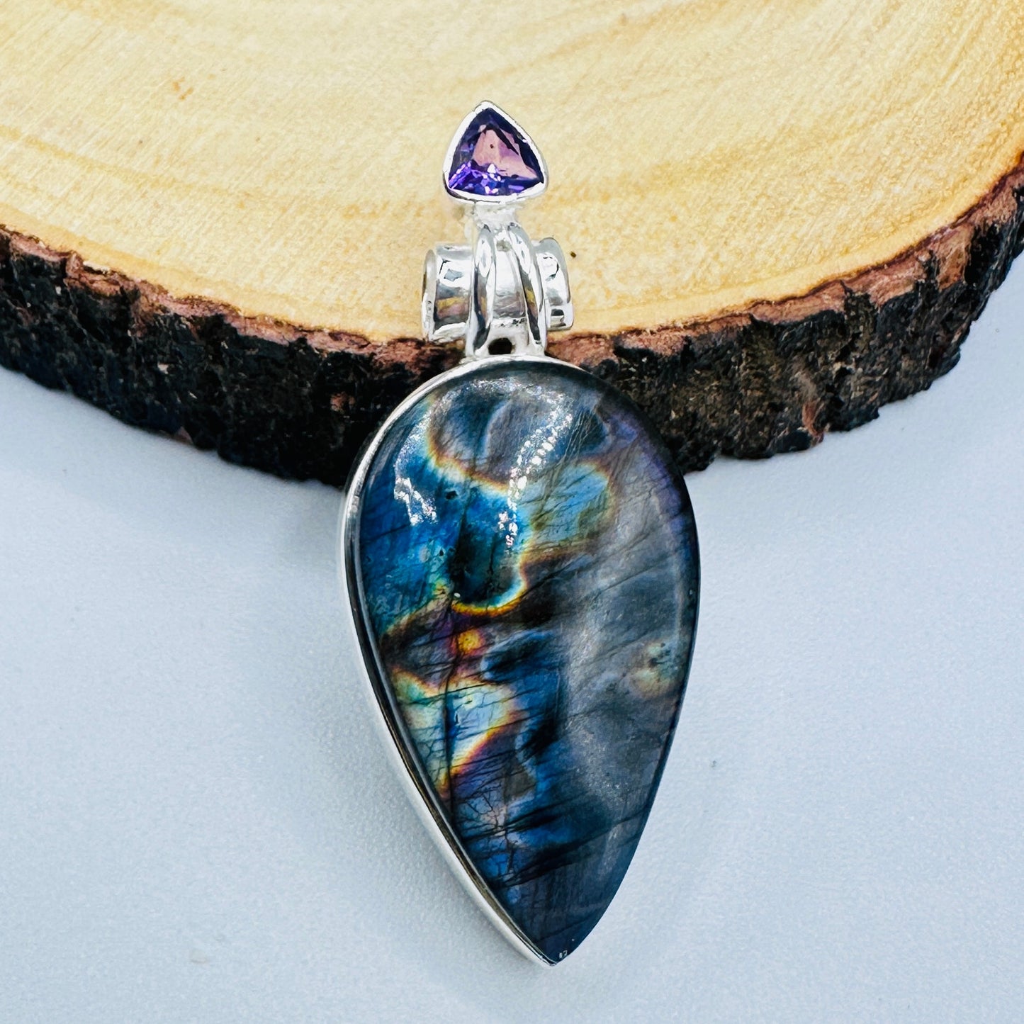Purple Labradorite & Amethyst Pendant – Madagascar Gemstone, 925 Sterling Silver