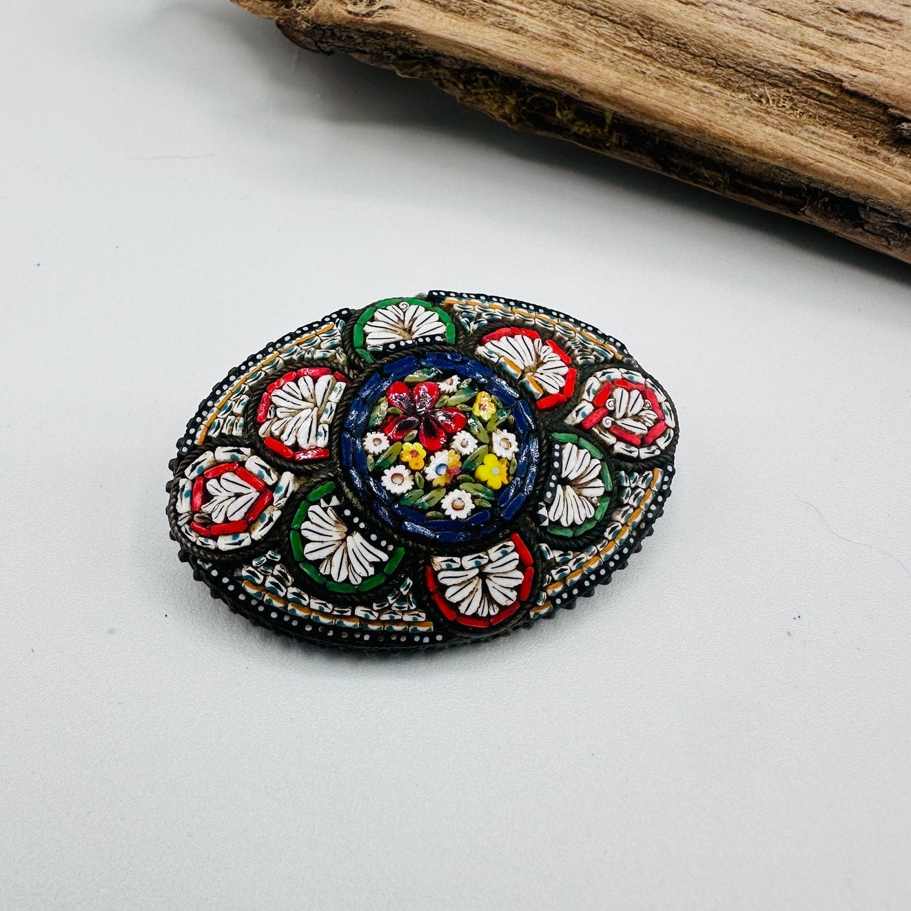 Vintage Italian Micro Mosaic Floral Brooch