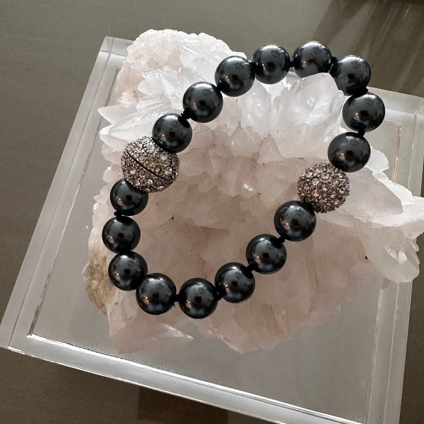 Gray Pearl Pave Ball Crystal Magnetic Close Bracelet