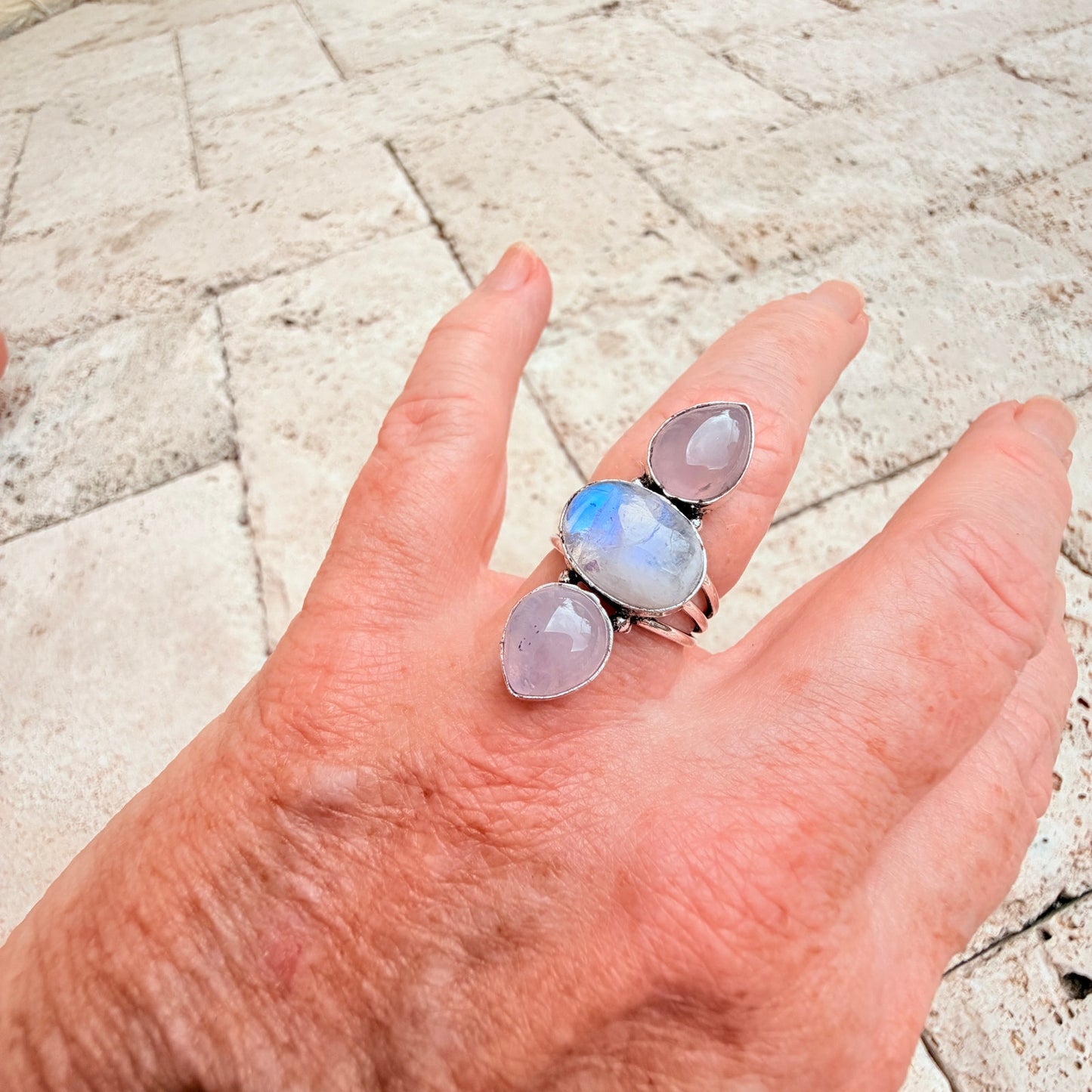 Rainbow Moonstone & Rose Quartz 925 Silver Overlay Ring Size 8